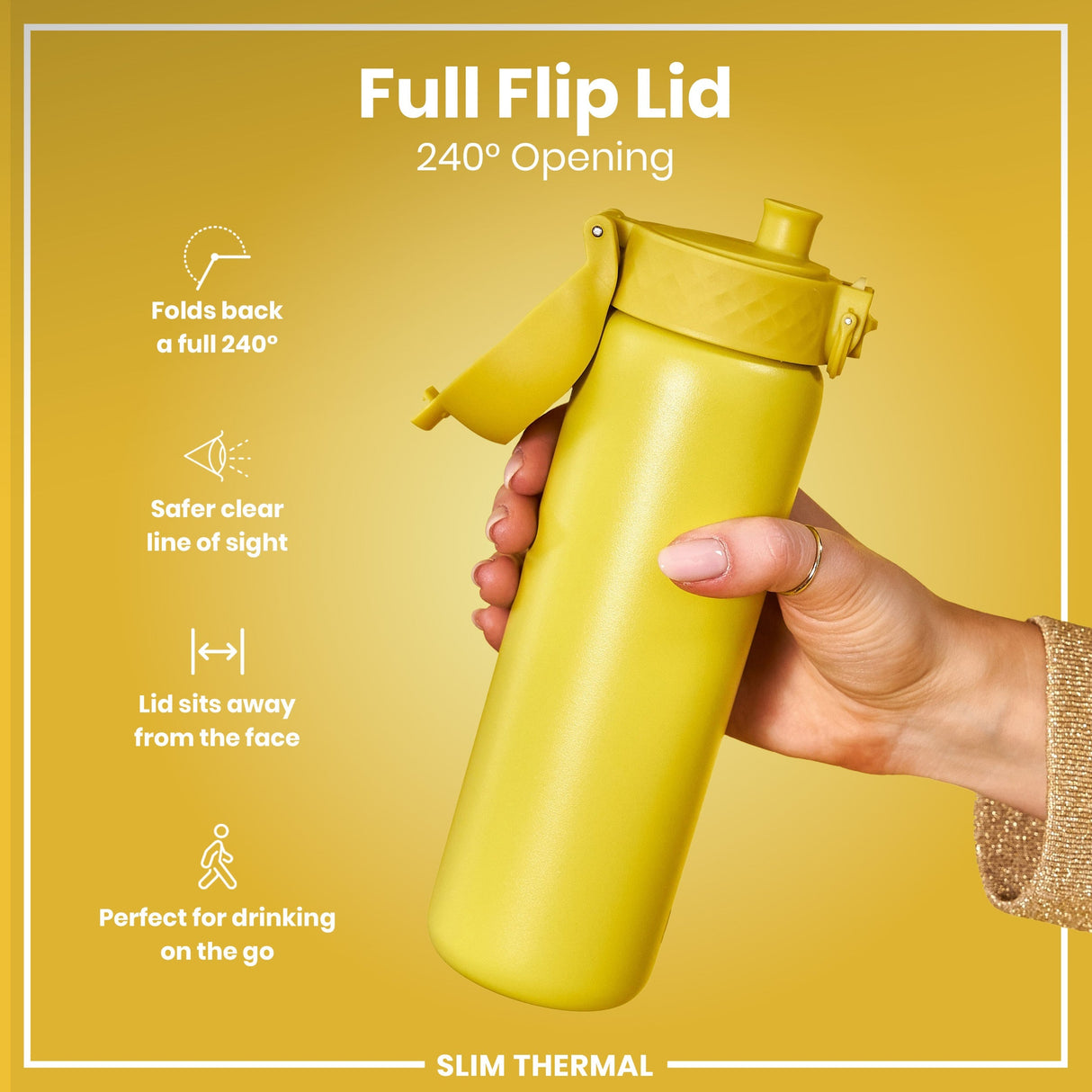 ION8 Leak Proof Slim Thermal Steel Water Bottle, Insulated, Yellow, 500ml (17oz)