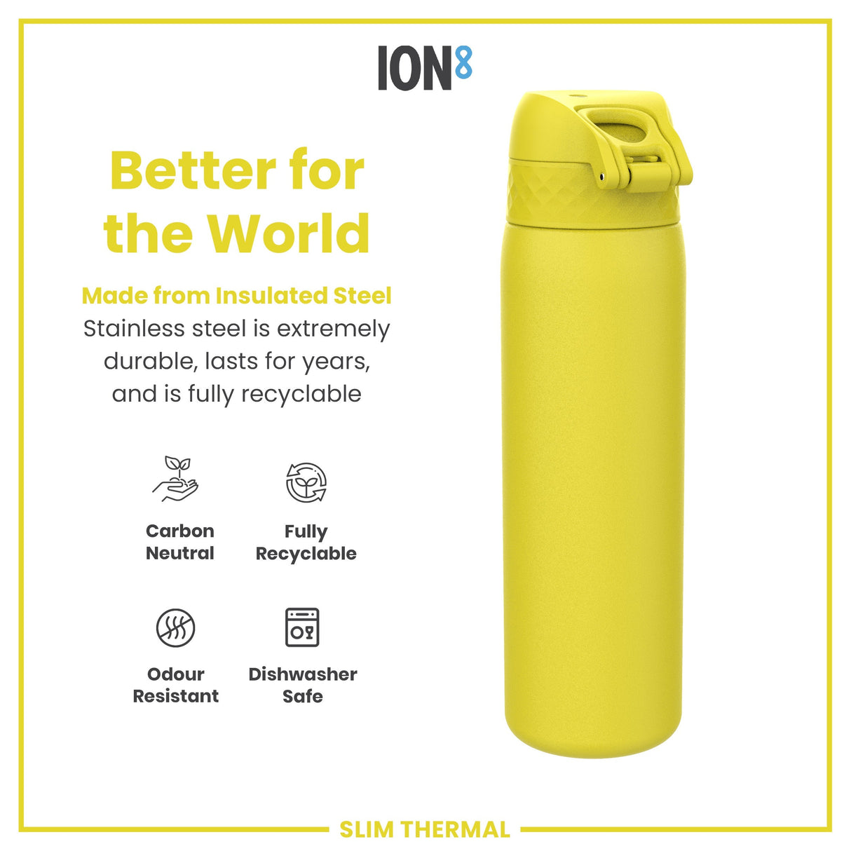 ION8 Leak Proof Slim Thermal Steel Water Bottle, Insulated, Yellow, 500ml (17oz)