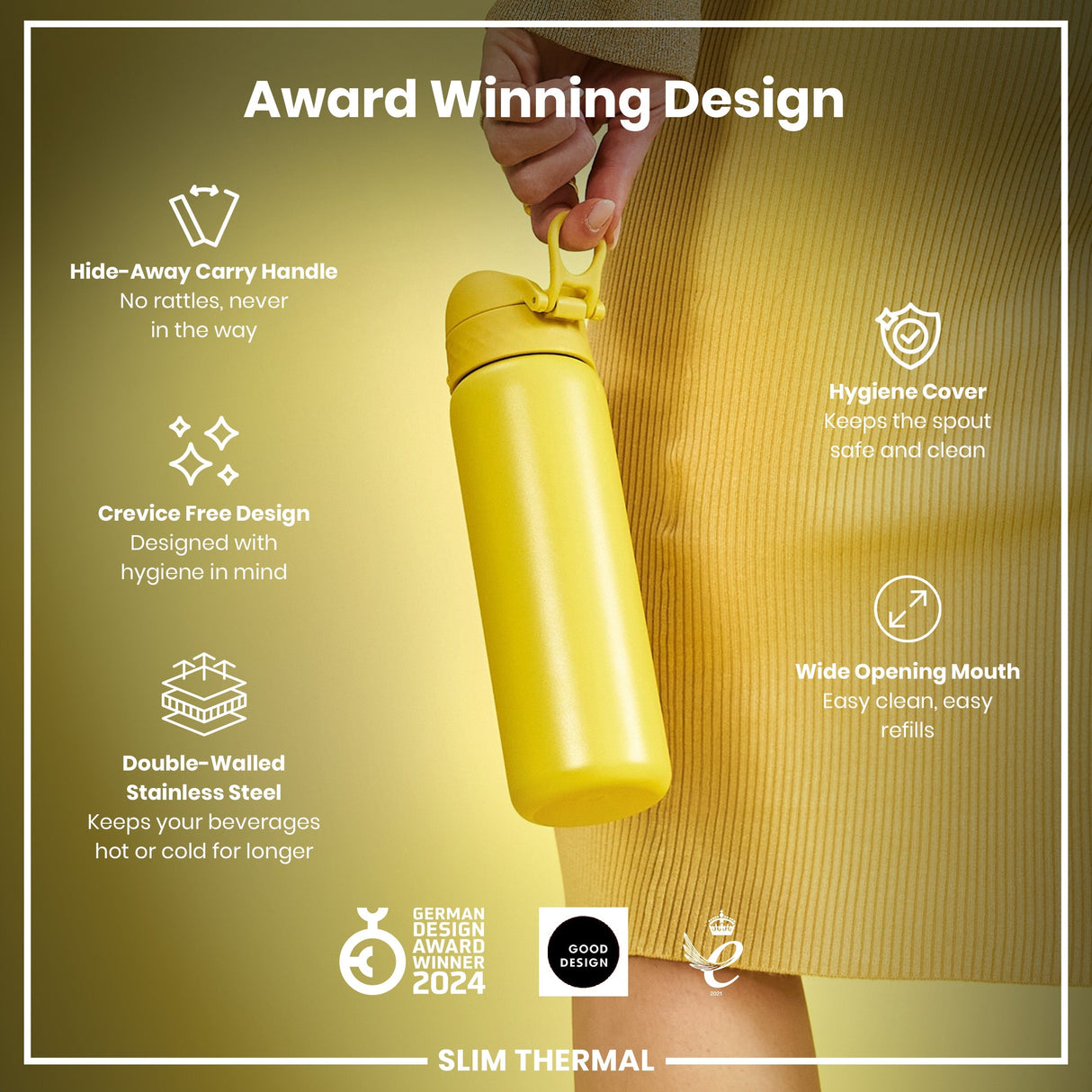 ION8 Leak Proof Slim Thermal Steel Water Bottle, Insulated, Yellow, 500ml (17oz)