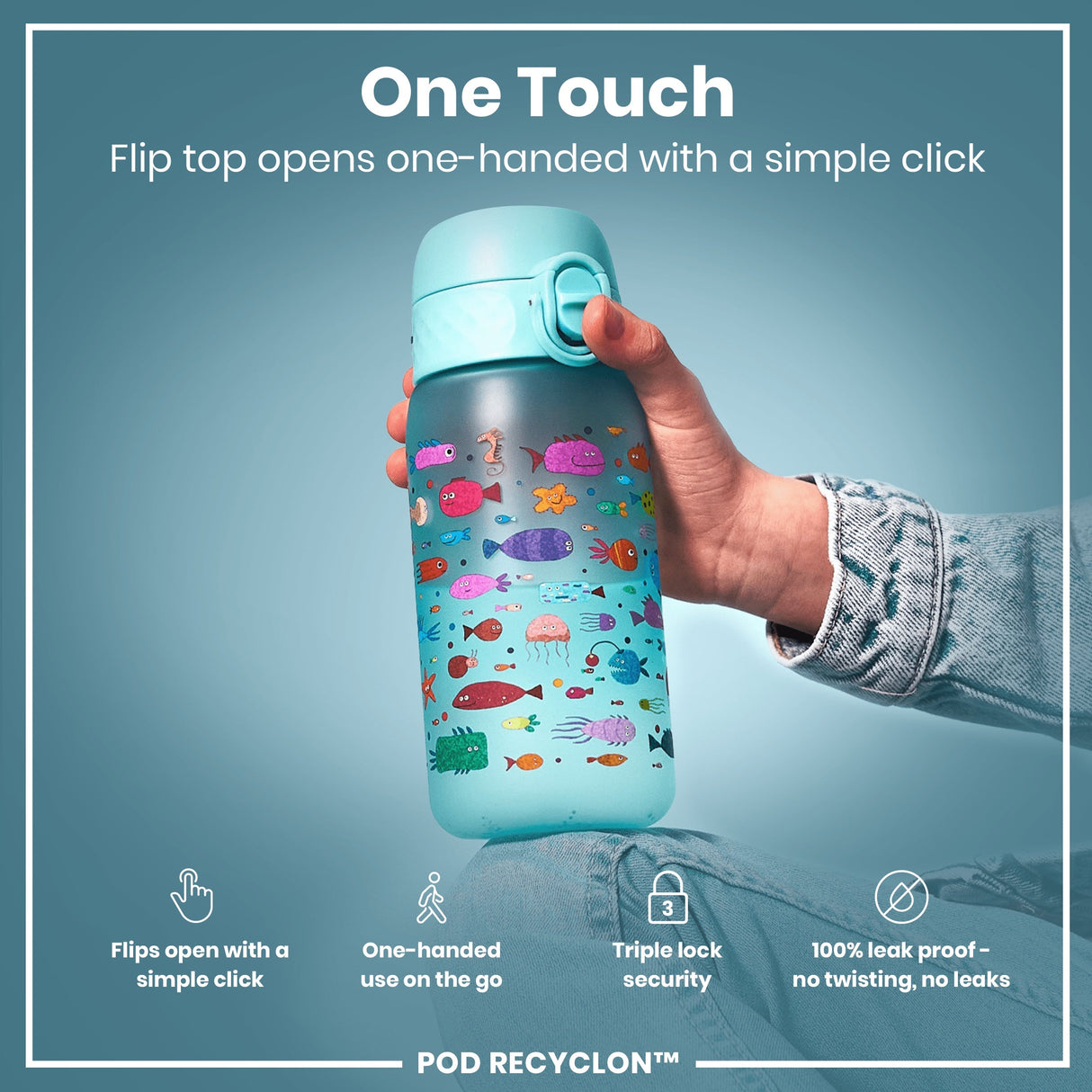 ION8 Leak Proof Kids Water Bottle, Recyclon, Fish, 350ml (12oz)