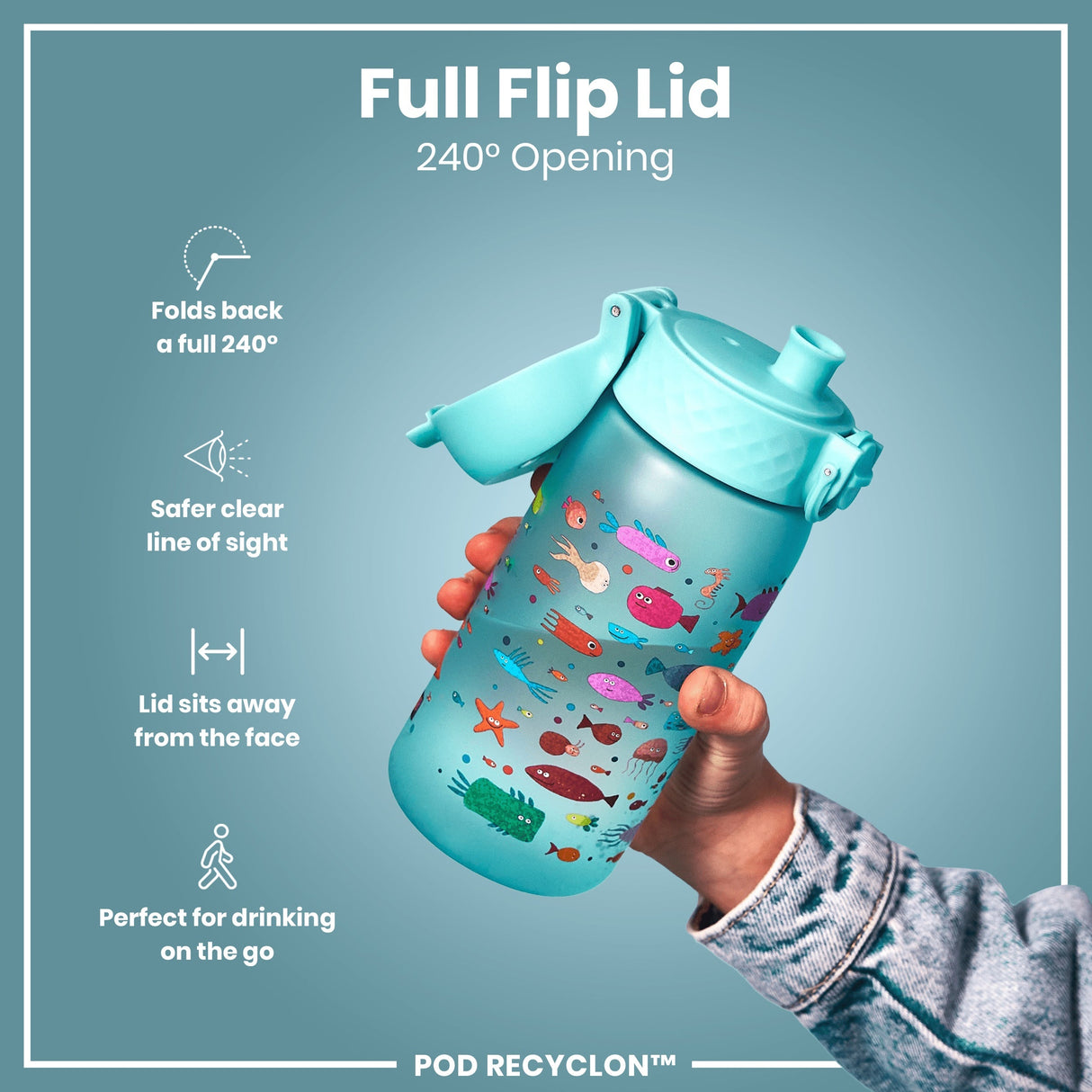 ION8 Leak Proof Kids Water Bottle, Recyclon, Fish, 350ml (12oz)