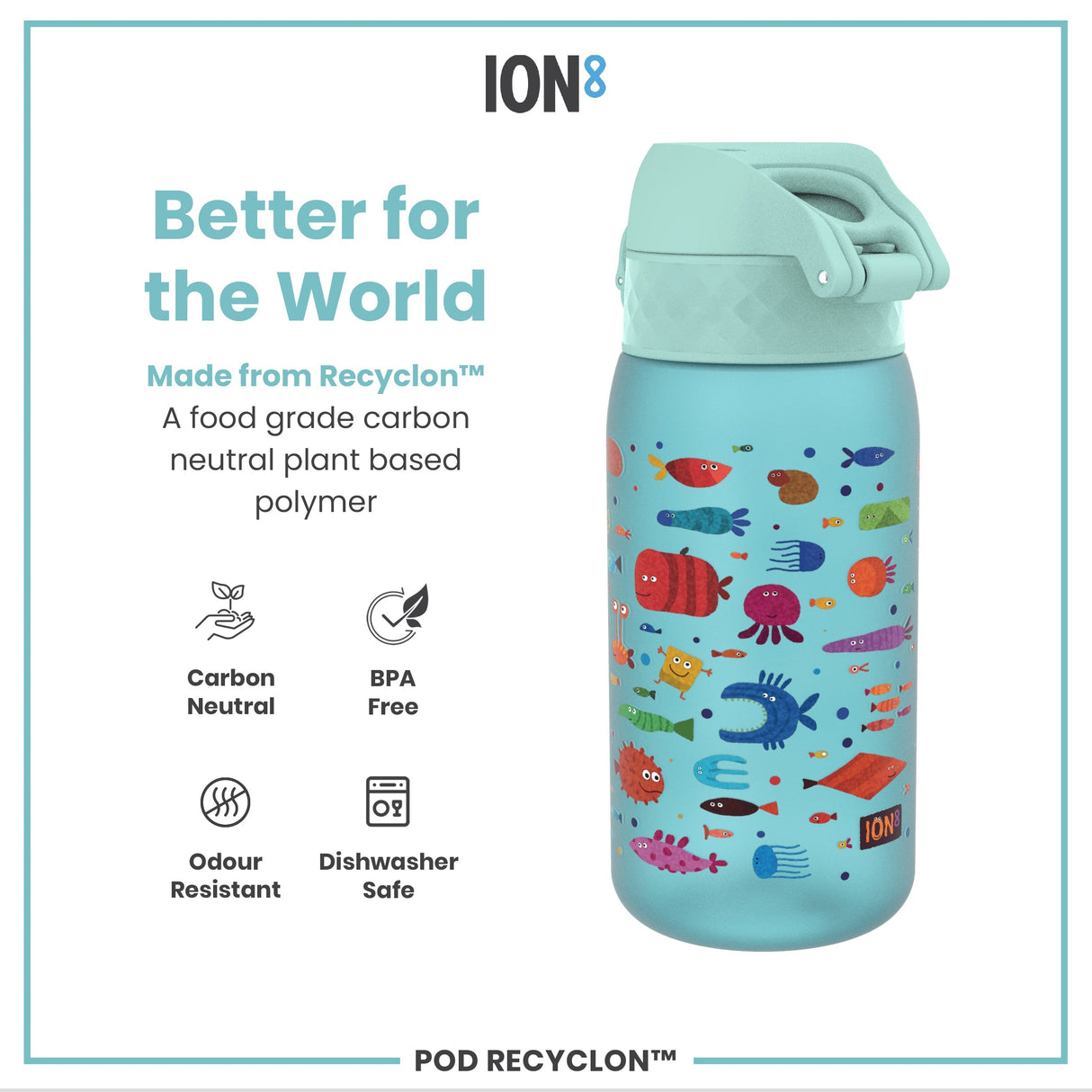 ION8 Leak Proof Kids Water Bottle, Recyclon, Fish, 350ml (12oz)