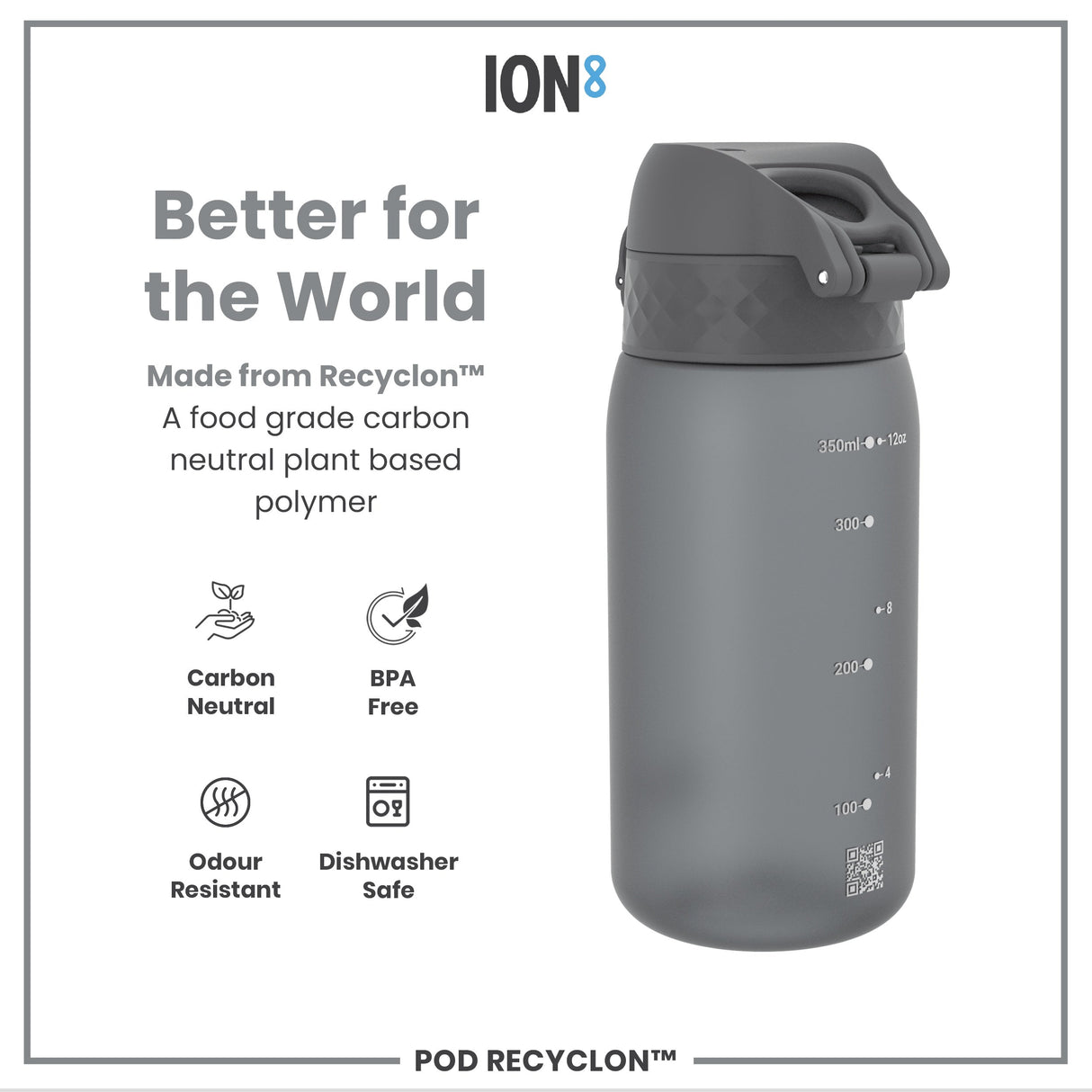 ION8 Leak Proof Kids Water Bottle, Recyclon, Grey, 350ml (12oz)