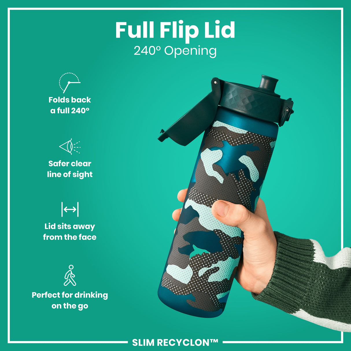 ION8 Leak Proof Slim Water Bottle, Recyclon, Camouflage, 500ml (18oz)