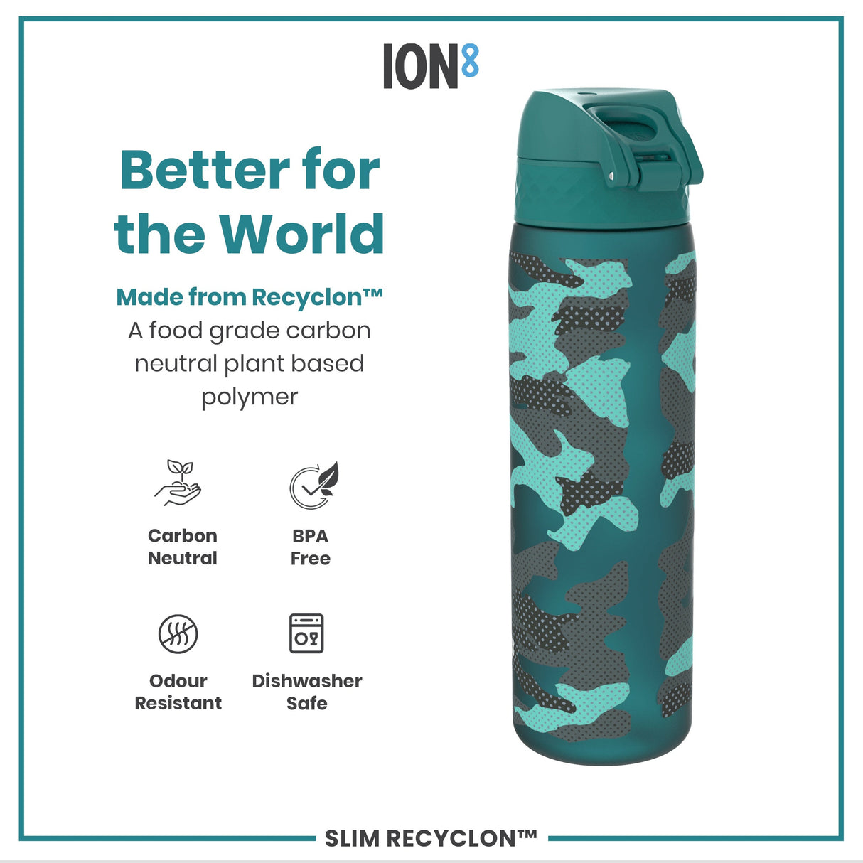 ION8 Leak Proof Slim Water Bottle, Recyclon, Camouflage, 500ml (18oz)