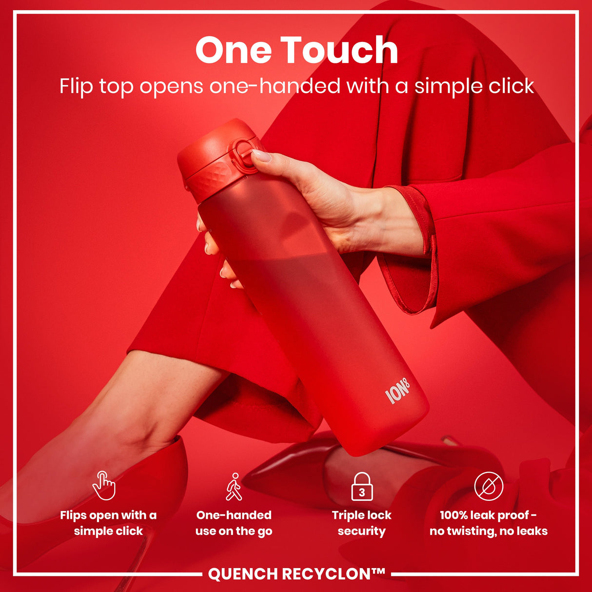 ION8 Leak Proof 1 litre Water Bottle, Recyclon, Red, 1L