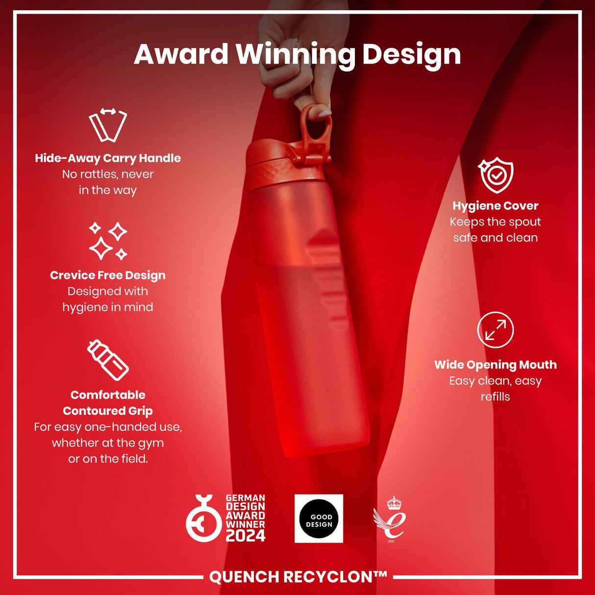 ION8 Leak Proof 1 litre Water Bottle, Recyclon, Red, 1L