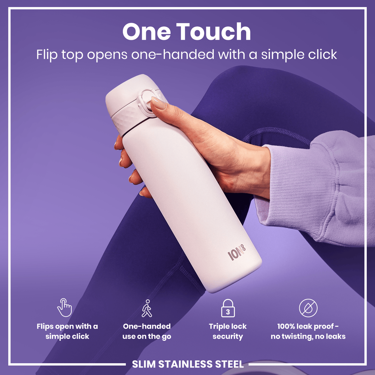 ION8 Leak Proof Slim Water Bottle, Stainless Steel, Lilac Dusk, 600ml (20oz)