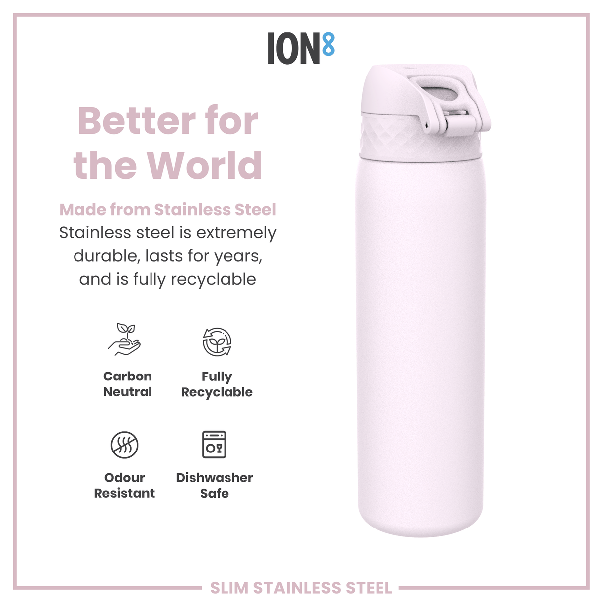 ION8 Leak Proof Slim Water Bottle, Stainless Steel, Lilac Dusk, 600ml (20oz)
