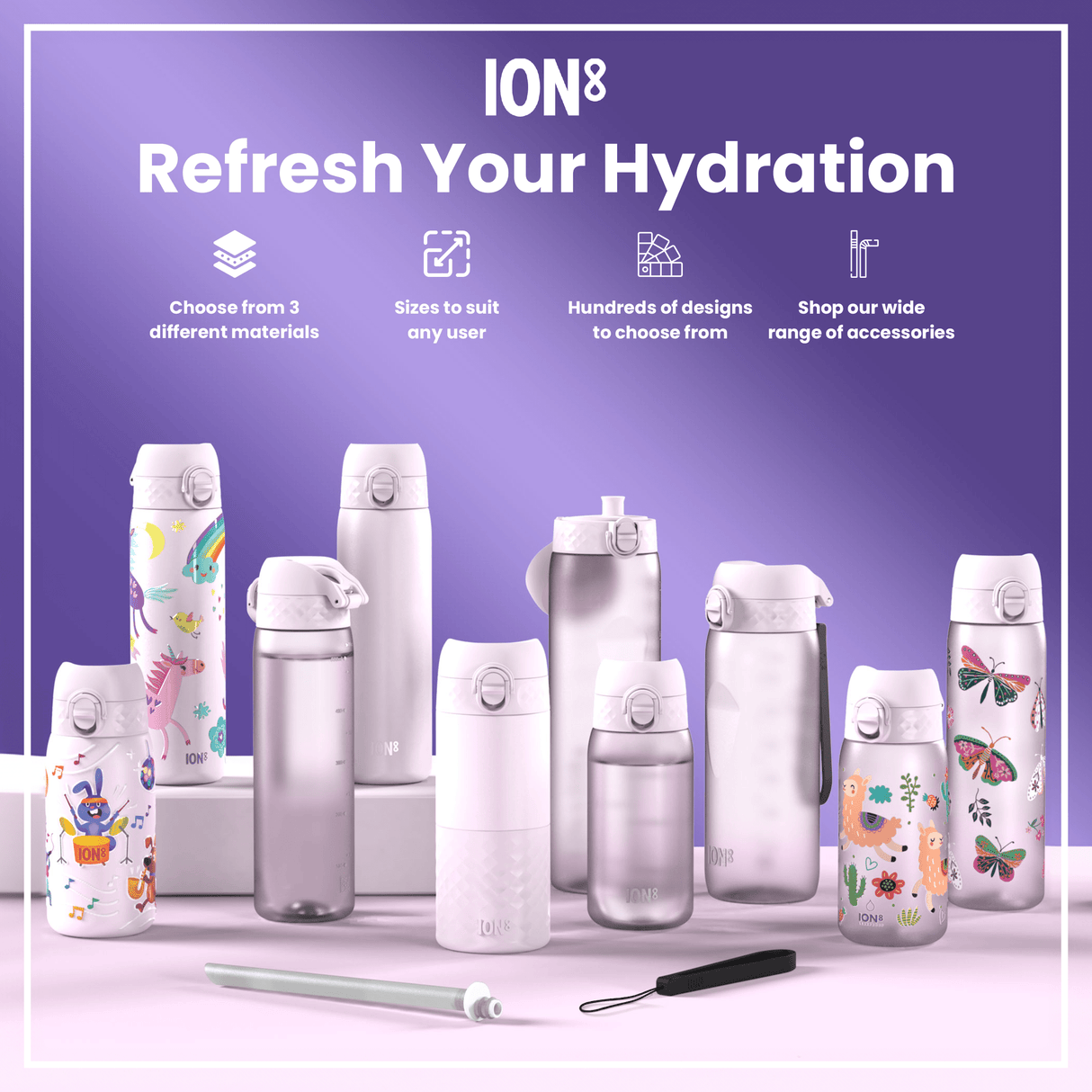 ION8 Leak Proof Slim Water Bottle, Stainless Steel, Lilac Dusk, 600ml (20oz)
