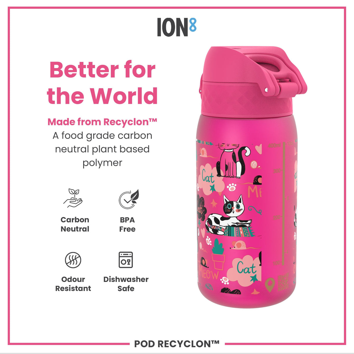 ION8 Leak Proof Kids Water Bottle, Recyclon, Kittens, 350ml (12oz)