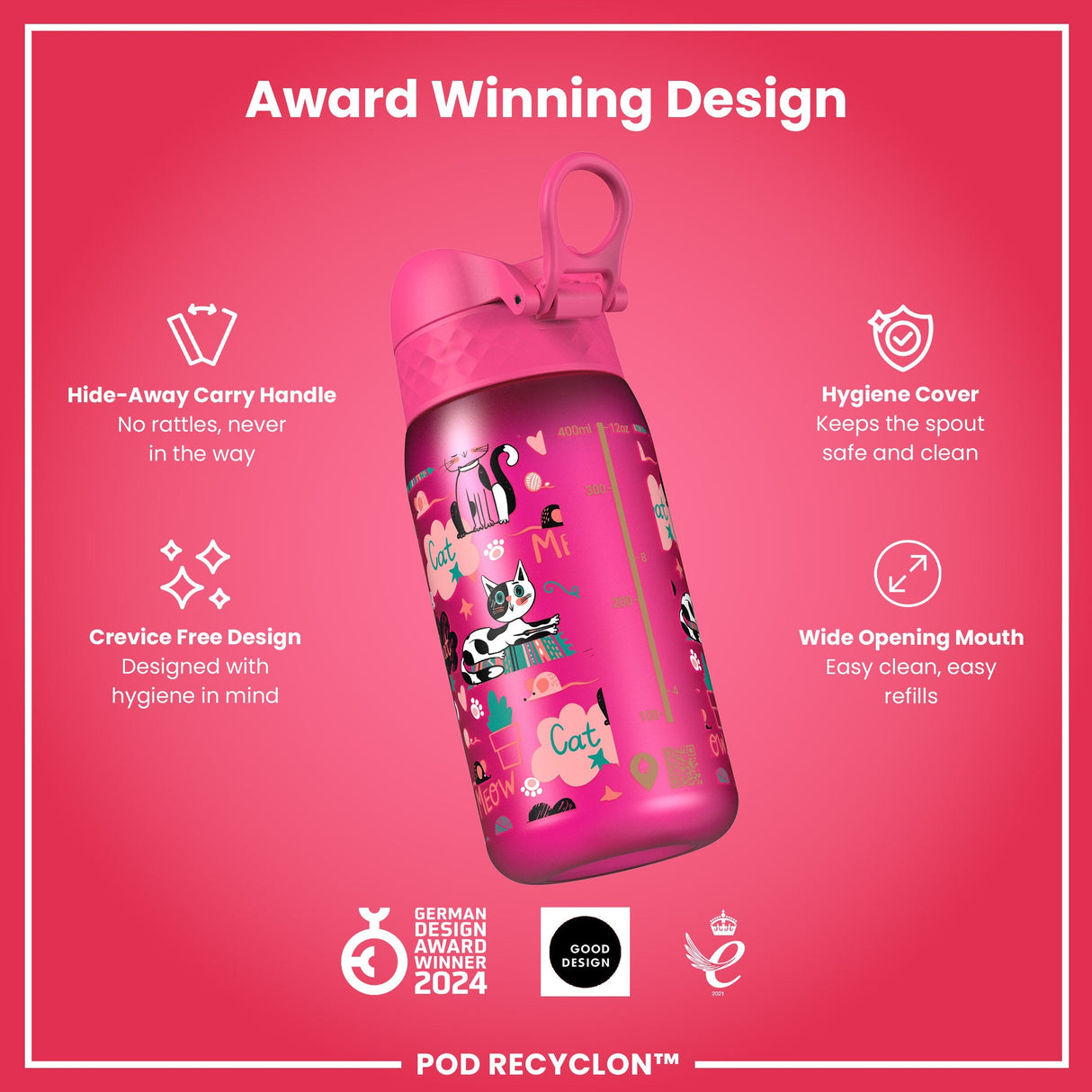 ION8 Leak Proof Kids Water Bottle, Recyclon, Kittens, 350ml (12oz)