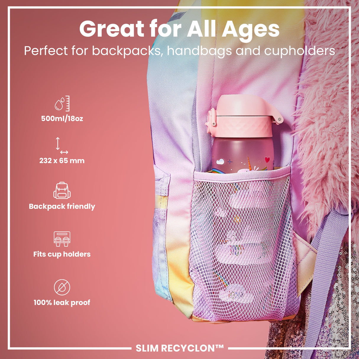 ION8 Leak Proof Slim Water Bottle, Recyclon, Unicorn Rainbows, 500ml (18oz)