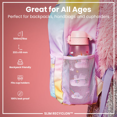 ION8 Leak Proof Slim Water Bottle, Recyclon, Unicorn Rainbows, 500ml (18oz)