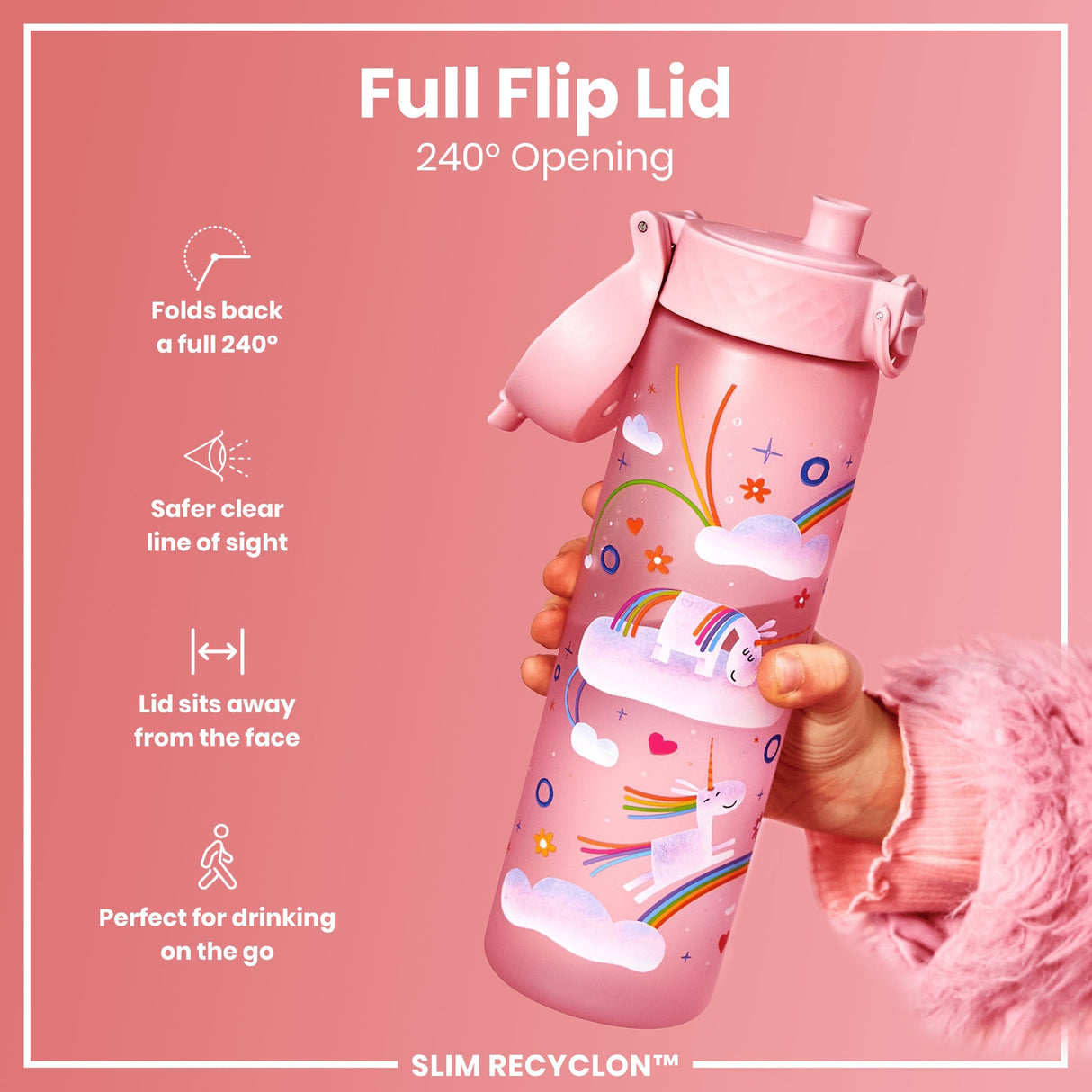 ION8 Leak Proof Slim Water Bottle, Recyclon, Unicorn Rainbows, 500ml (18oz)