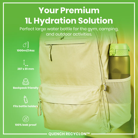 ION8 Leak Proof 1 litre Water Bottle, Recyclon, Green, 1L