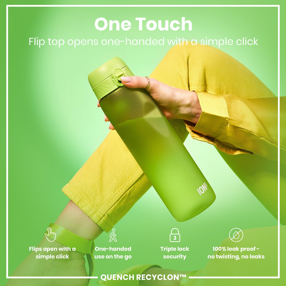 ION8 Leak Proof 1 litre Water Bottle, Recyclon, Green, 1L