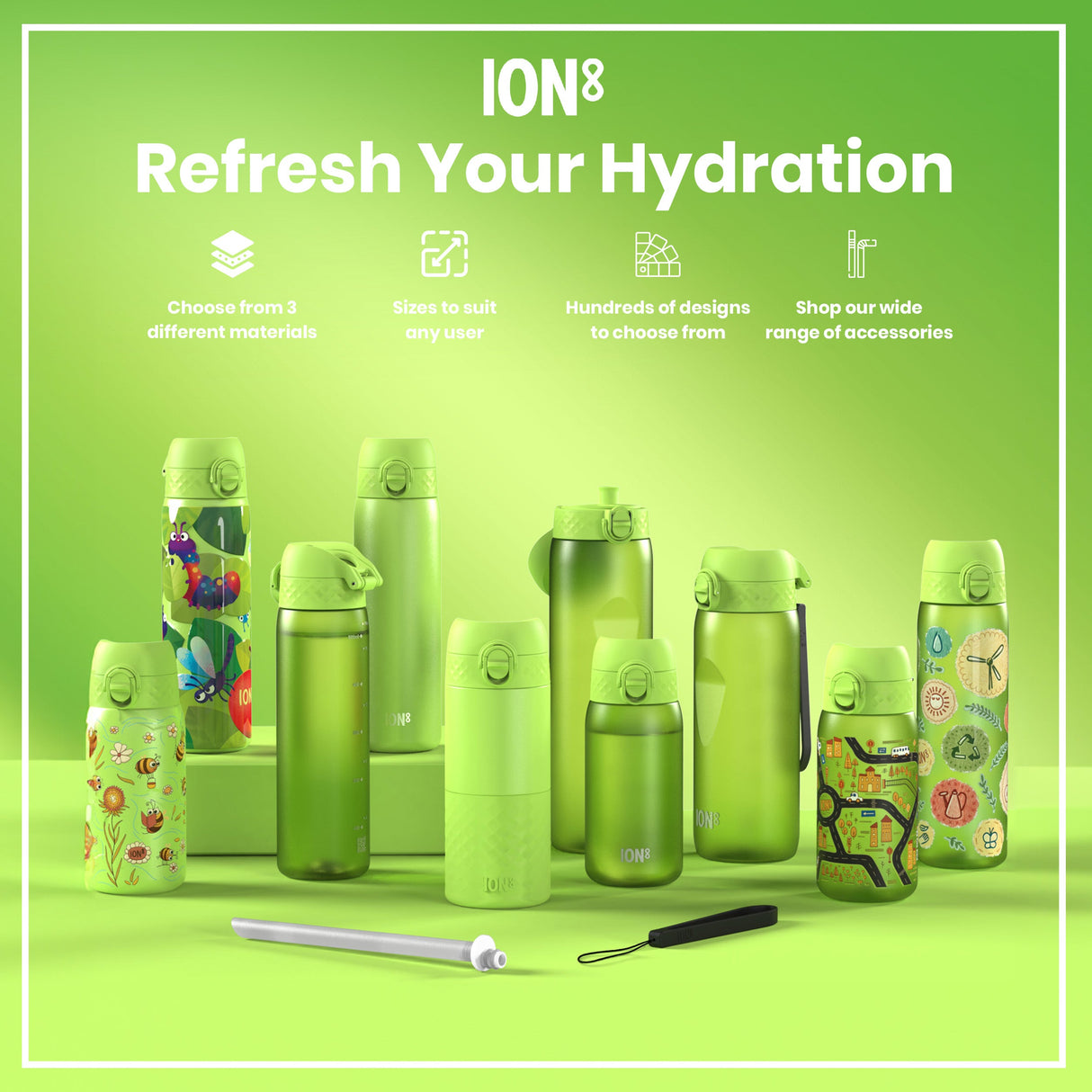 ION8 Leak Proof 1 litre Water Bottle, Recyclon, Green, 1L