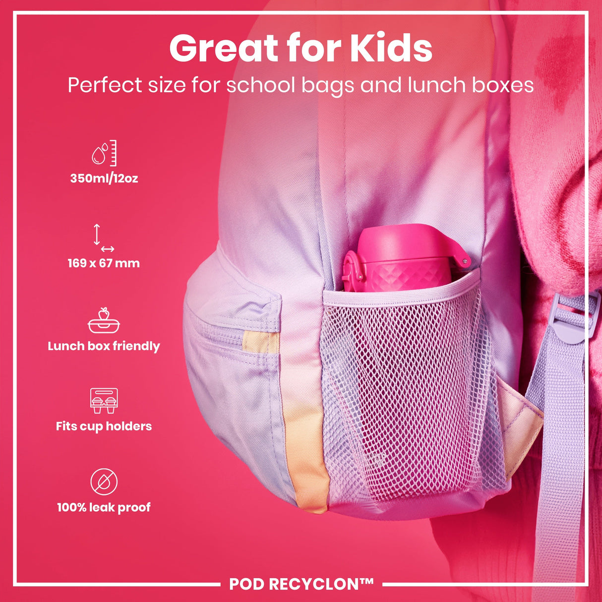 ION8 Leak Proof Kids Water Bottle, Recyclon, Pink, 350ml (12oz)