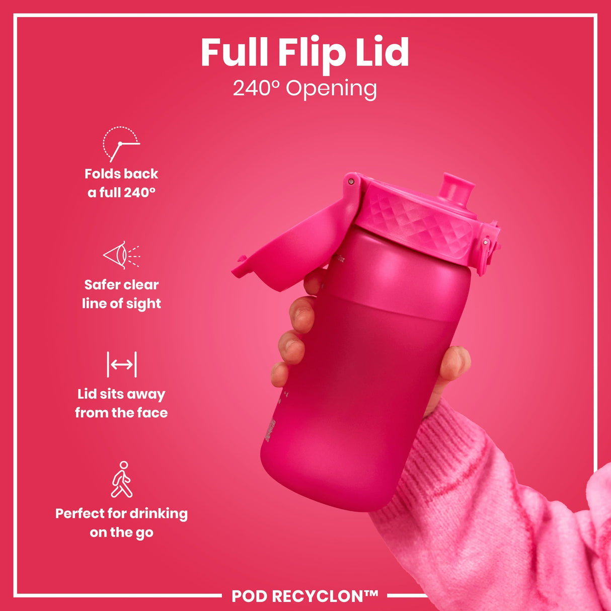 ION8 Leak Proof Kids Water Bottle, Recyclon, Pink, 350ml (12oz)