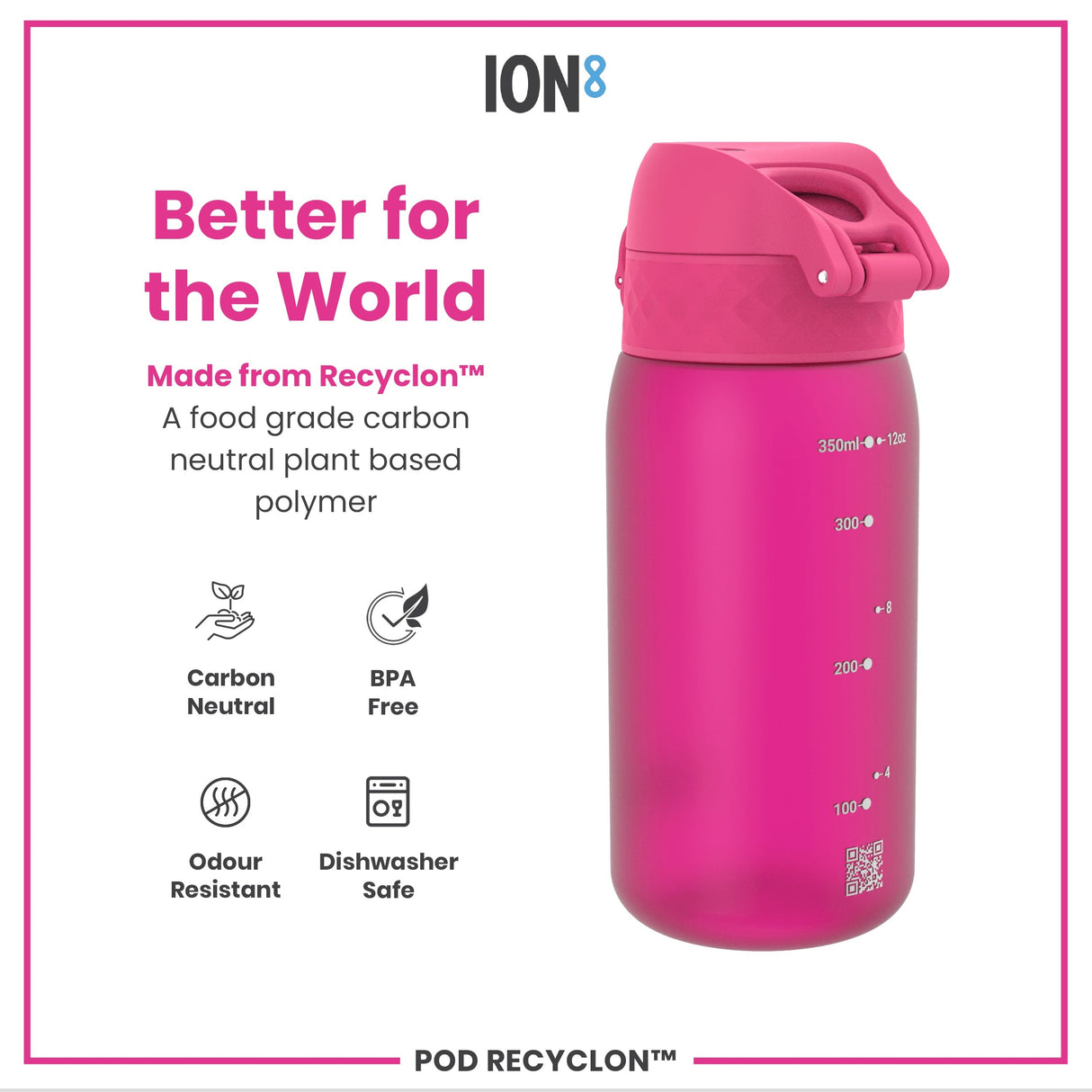 ION8 Leak Proof Kids Water Bottle, Recyclon, Pink, 350ml (12oz)