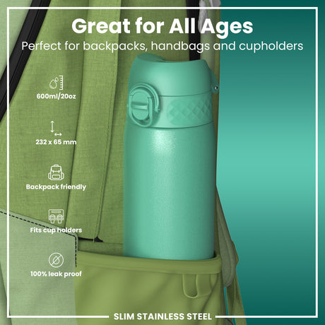 ION8 Leak Proof Slim Water Bottle, Stainless Steel, Teal, 600ml (20oz)