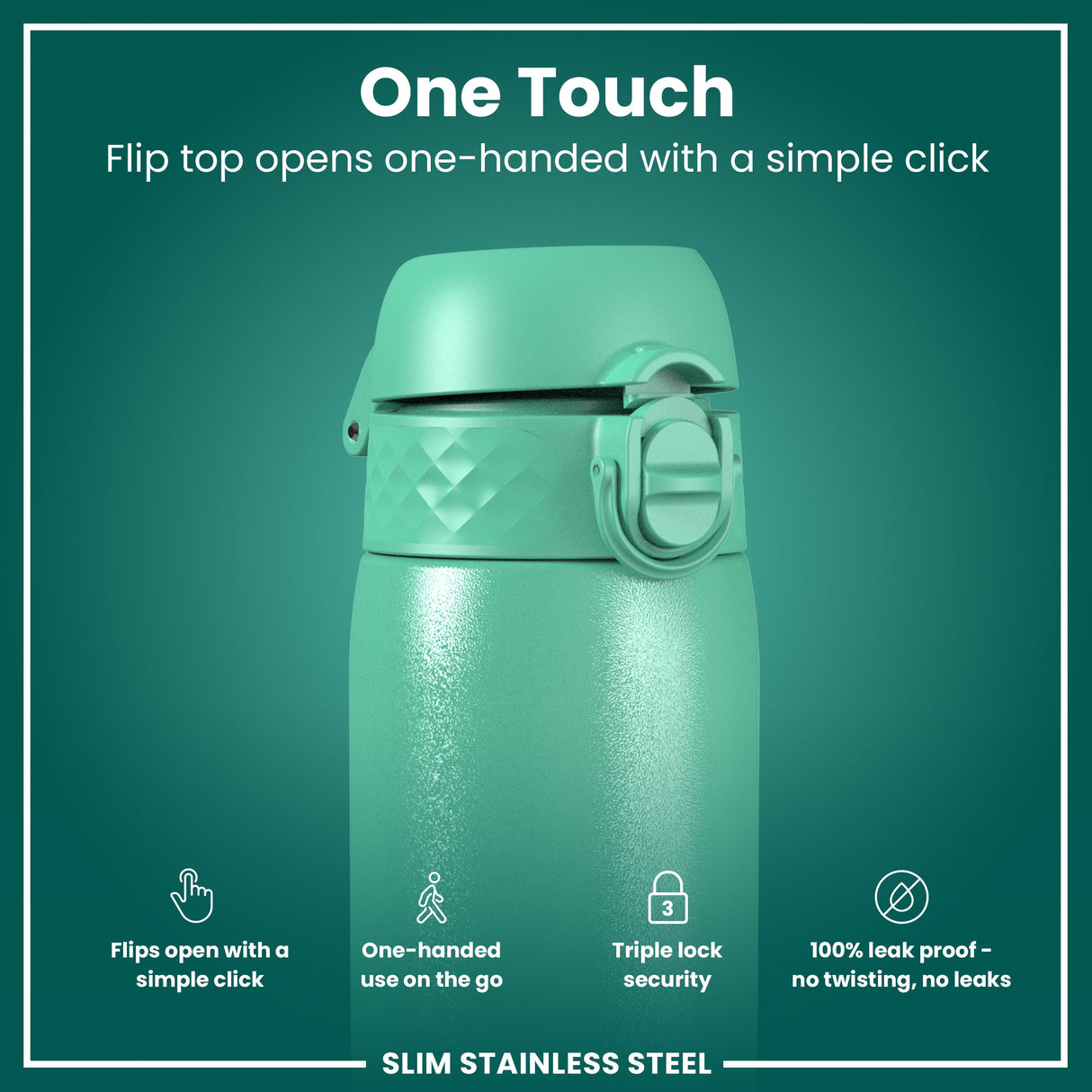 ION8 Leak Proof Slim Water Bottle, Stainless Steel, Teal, 600ml (20oz)