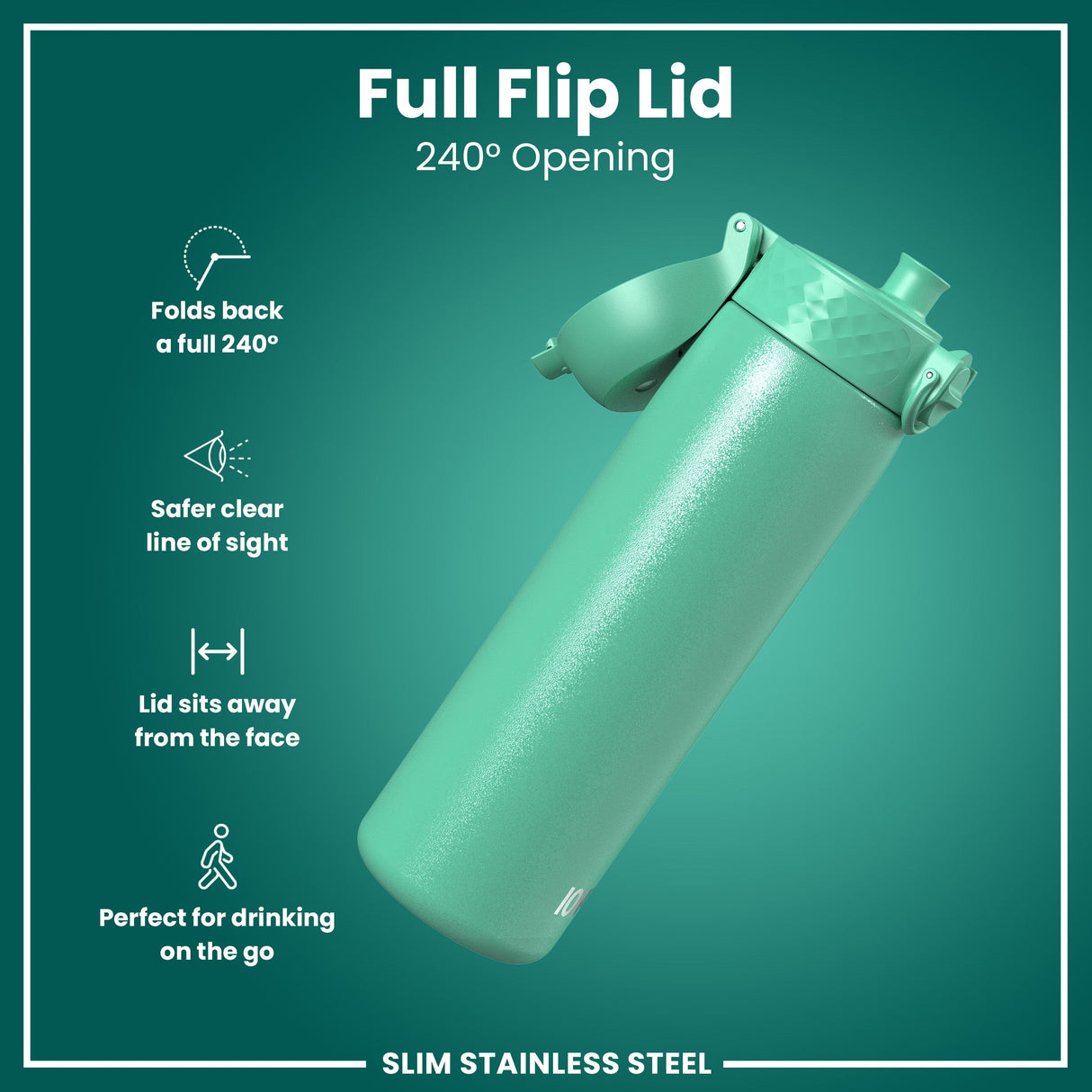 ION8 Leak Proof Slim Water Bottle, Stainless Steel, Teal, 600ml (20oz)
