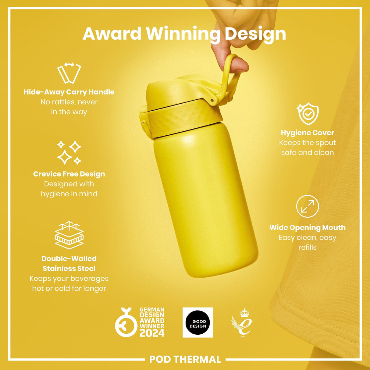 ION8 Leak Proof Thermal  Water Bottle, Insulated Steel, Yellow, 320ml (11oz)
