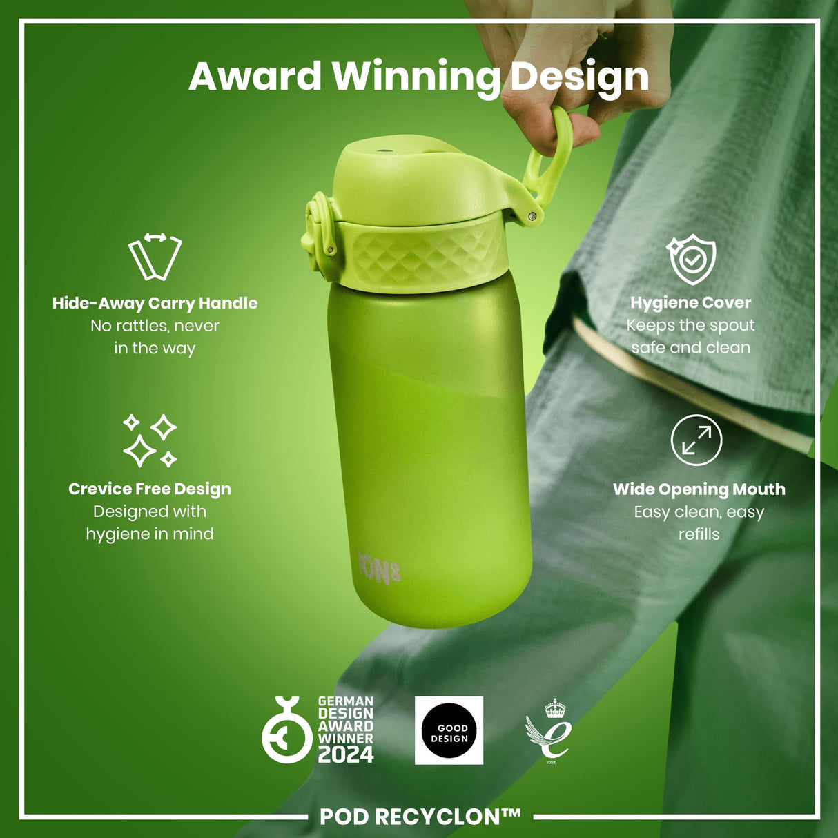ION8 Leak Proof Kids Water Bottle, Recyclon, Green, 350ml (12oz)