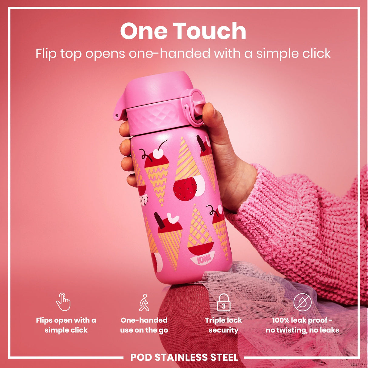 ION8 Leak Proof Kids Water Bottle, Stainless Steel, Ice Creams, 400ml (13oz)