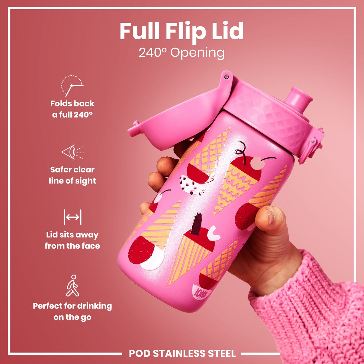 ION8 Leak Proof Kids Water Bottle, Stainless Steel, Ice Creams, 400ml (13oz)