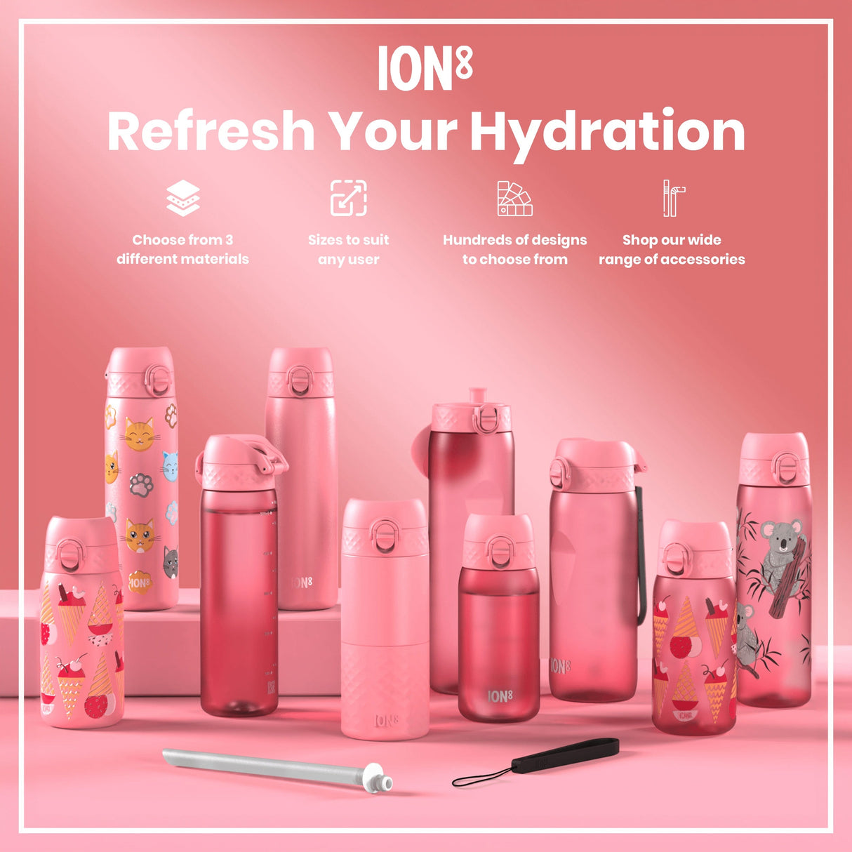 ION8 Leak Proof Kids Water Bottle, Stainless Steel, Ice Creams, 400ml (13oz)