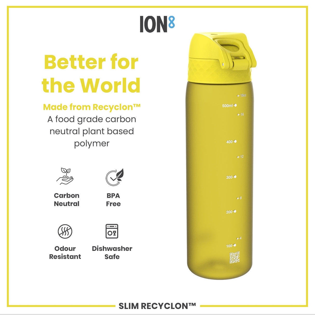 ION8 Leak Proof Slim Water Bottle, Recyclon, Yellow, 500ml (18oz)