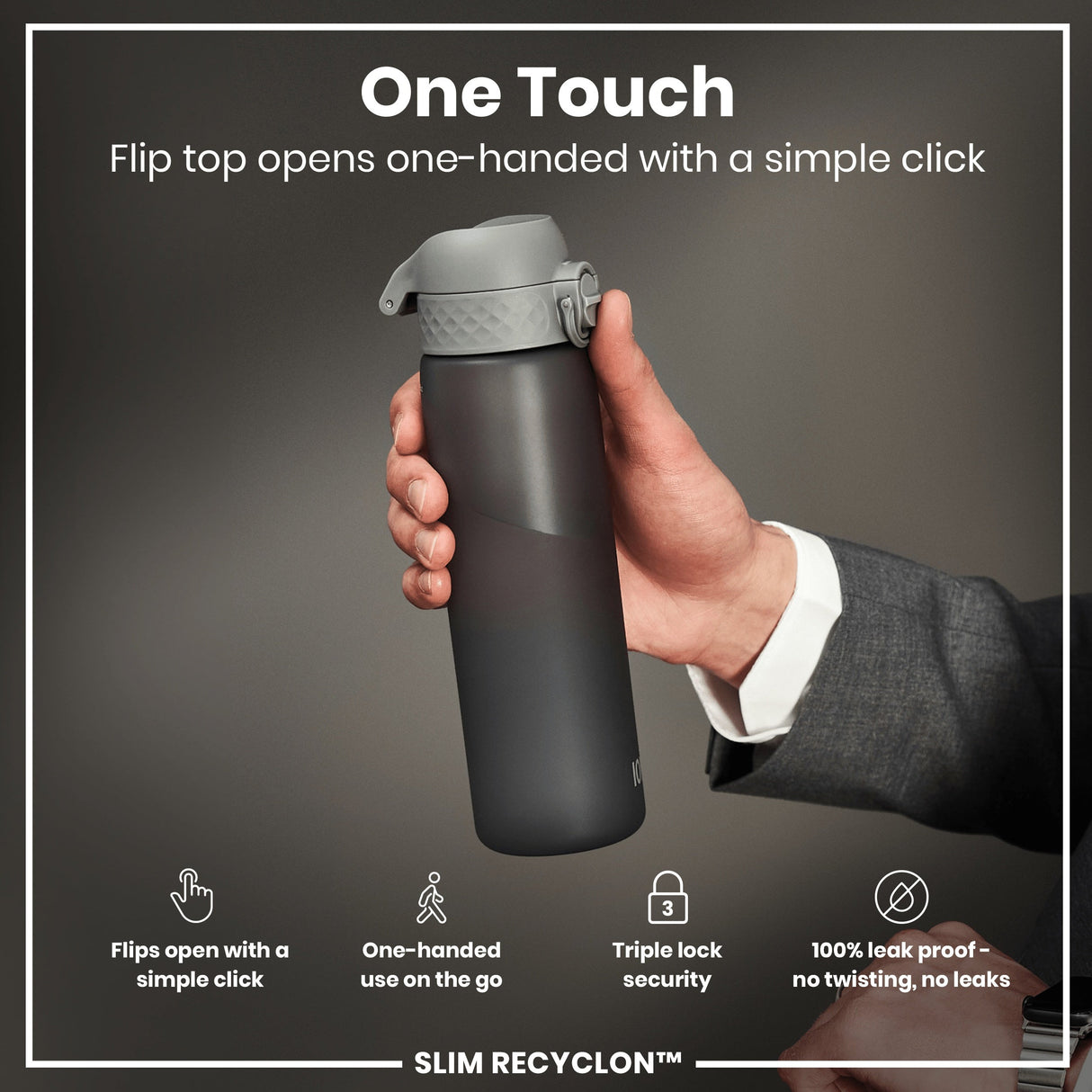 ION8 Leak Proof Slim Water Bottle, Recyclon, Grey, 500ml (18oz)
