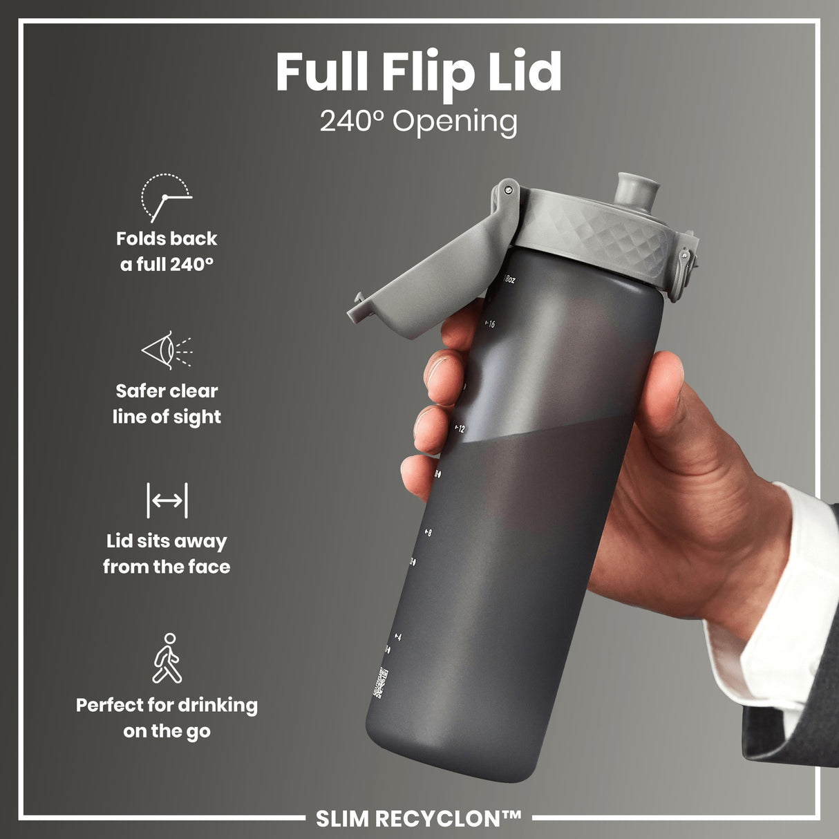 ION8 Leak Proof Slim Water Bottle, Recyclon, Grey, 500ml (18oz)