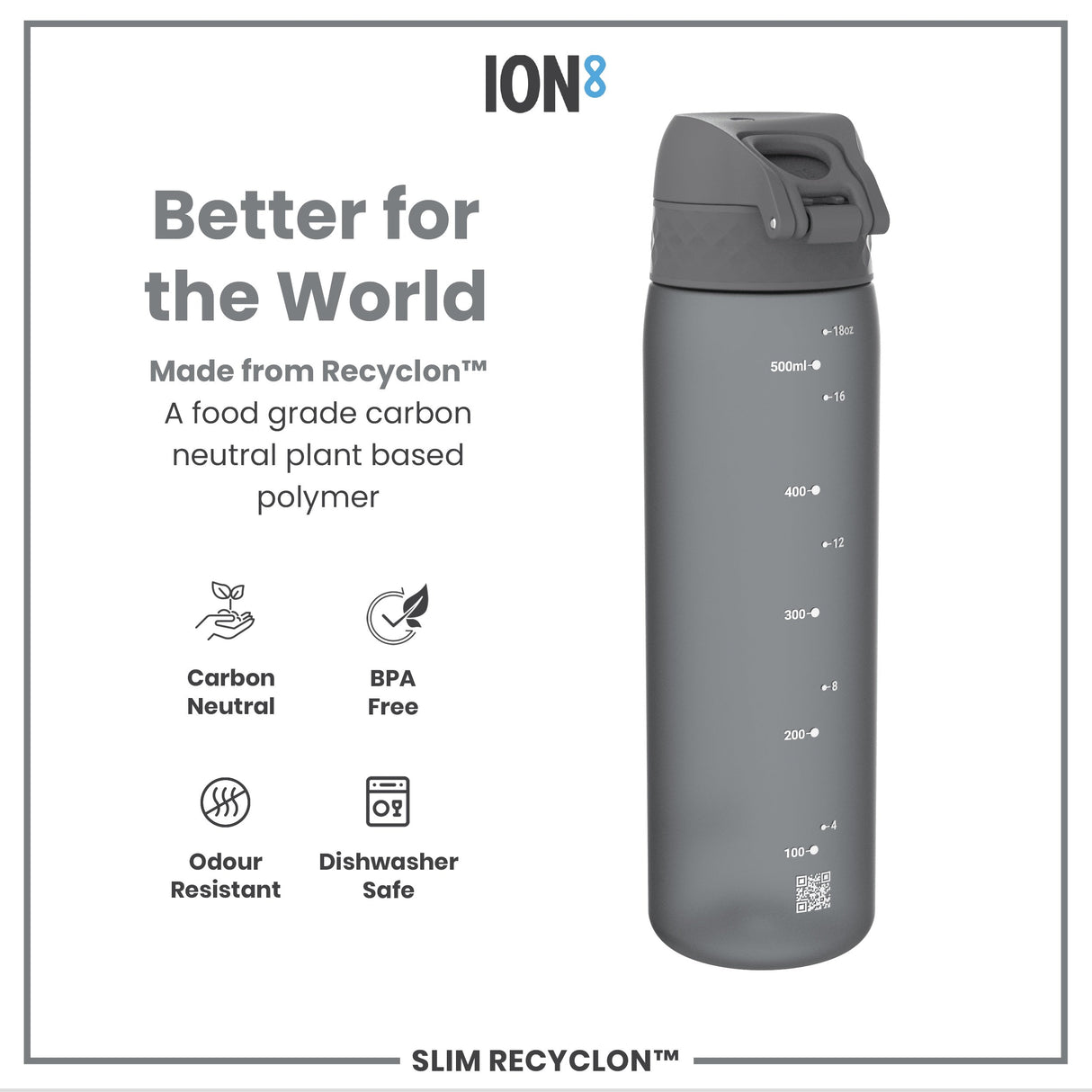 ION8 Leak Proof Slim Water Bottle, Recyclon, Grey, 500ml (18oz)