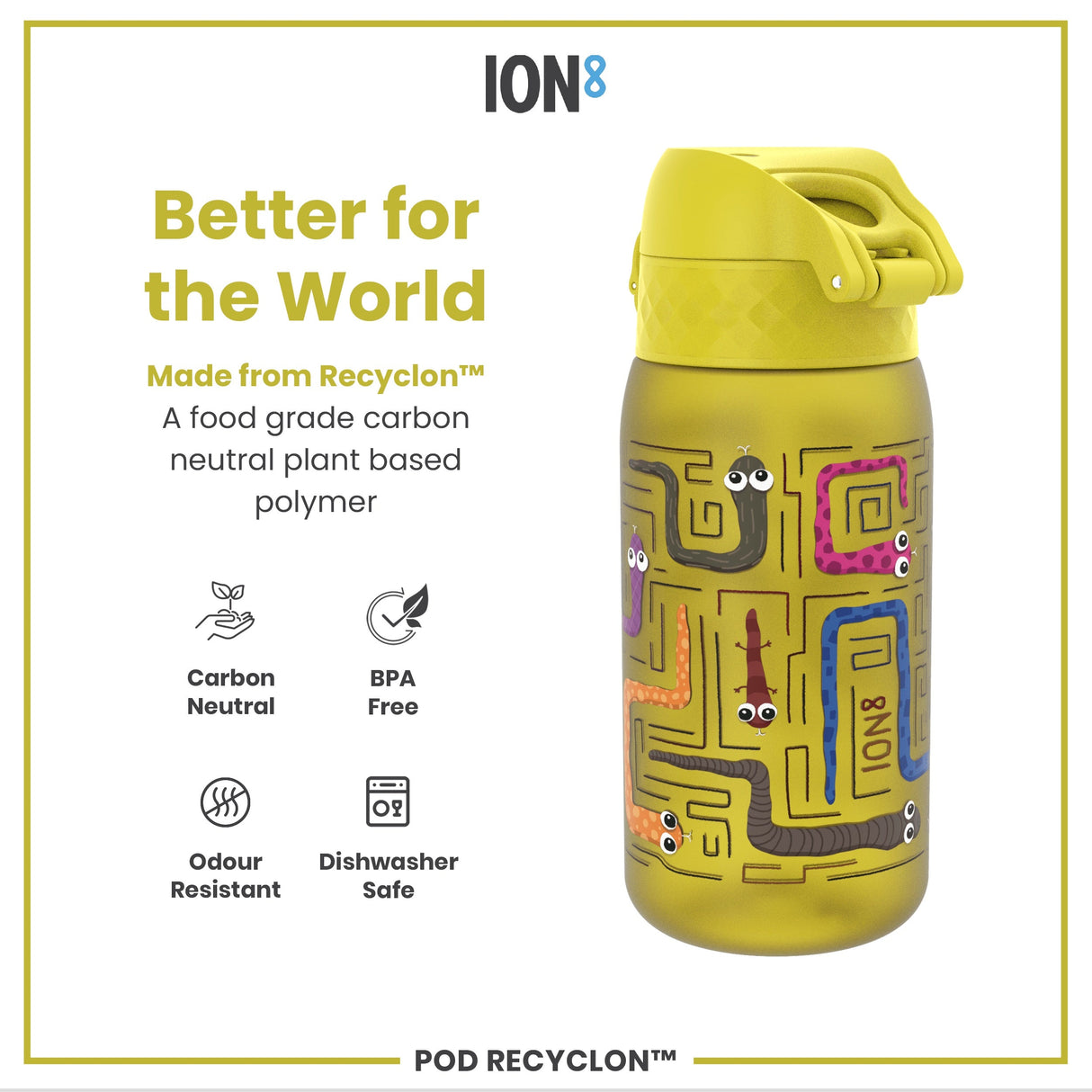 ION8 Leak Proof Kids Water Bottle, Recyclon, Snakes, 350ml (12oz)