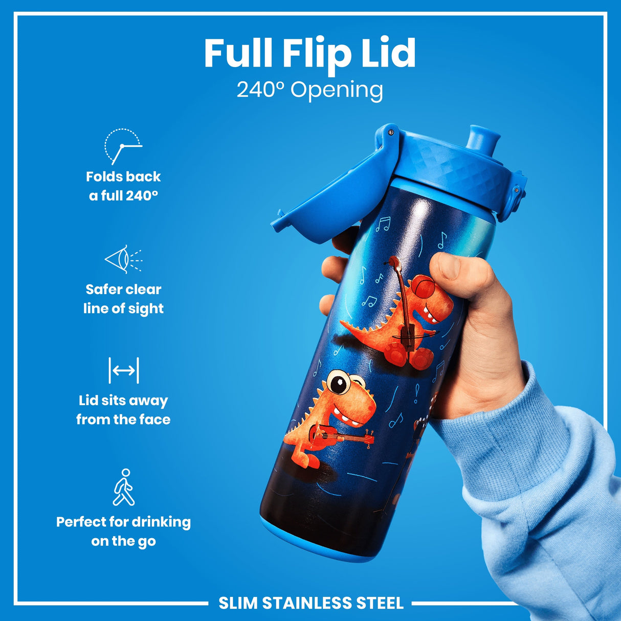 ION8 Leak Proof Slim Water Bottle, Stainless Steel, Dino Band, 600ml (20oz)