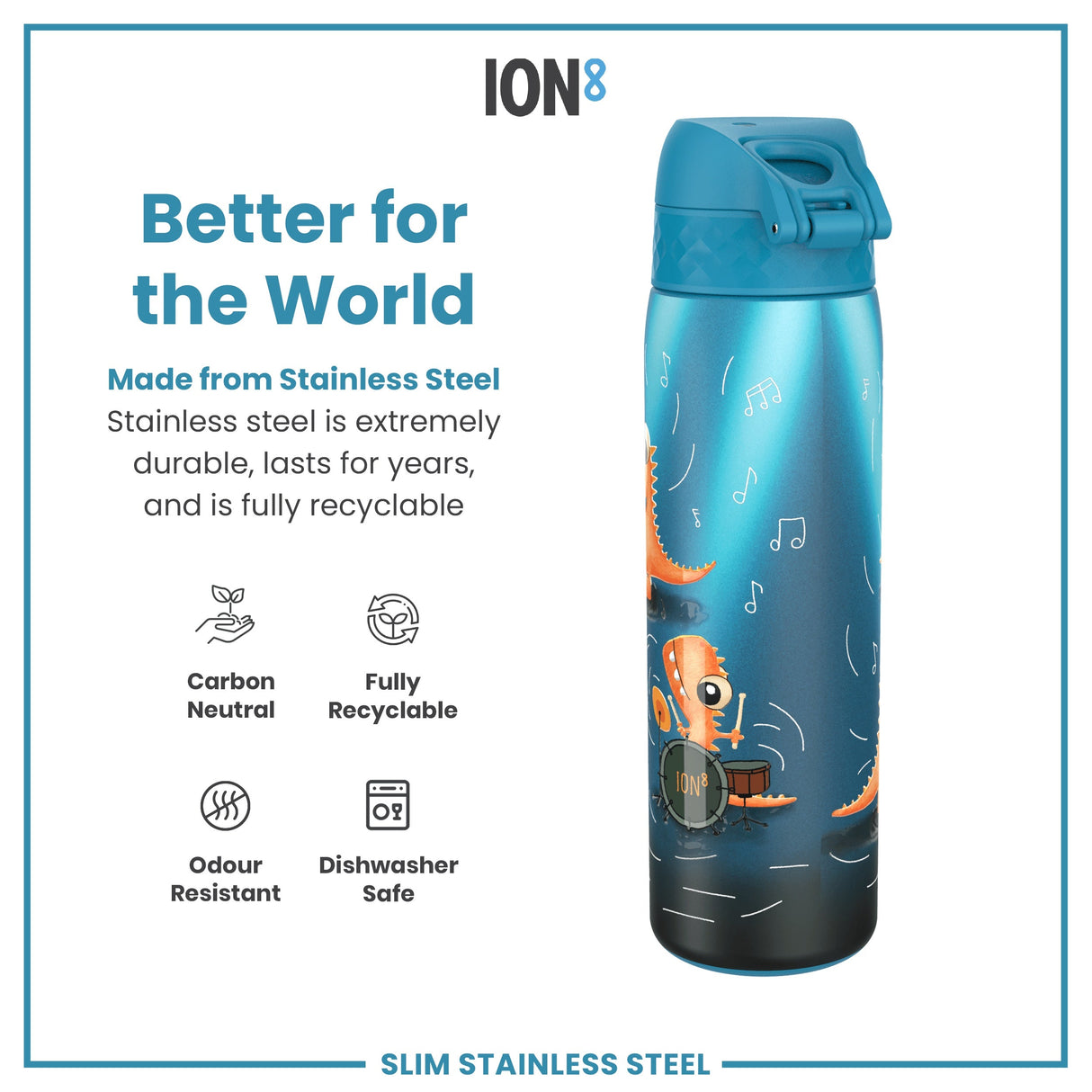 ION8 Leak Proof Slim Water Bottle, Stainless Steel, Dino Band, 600ml (20oz)