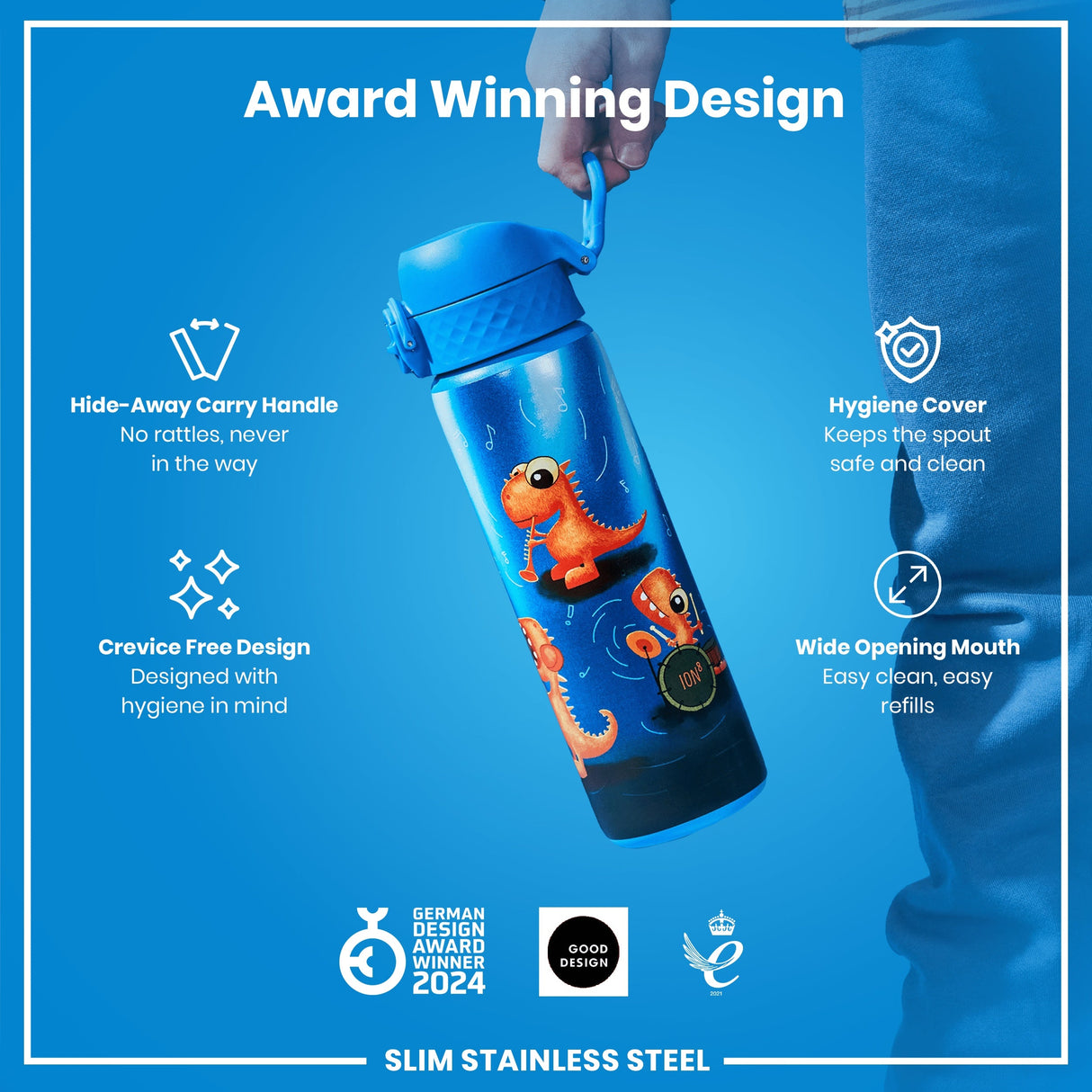 ION8 Leak Proof Slim Water Bottle, Stainless Steel, Dino Band, 600ml (20oz)