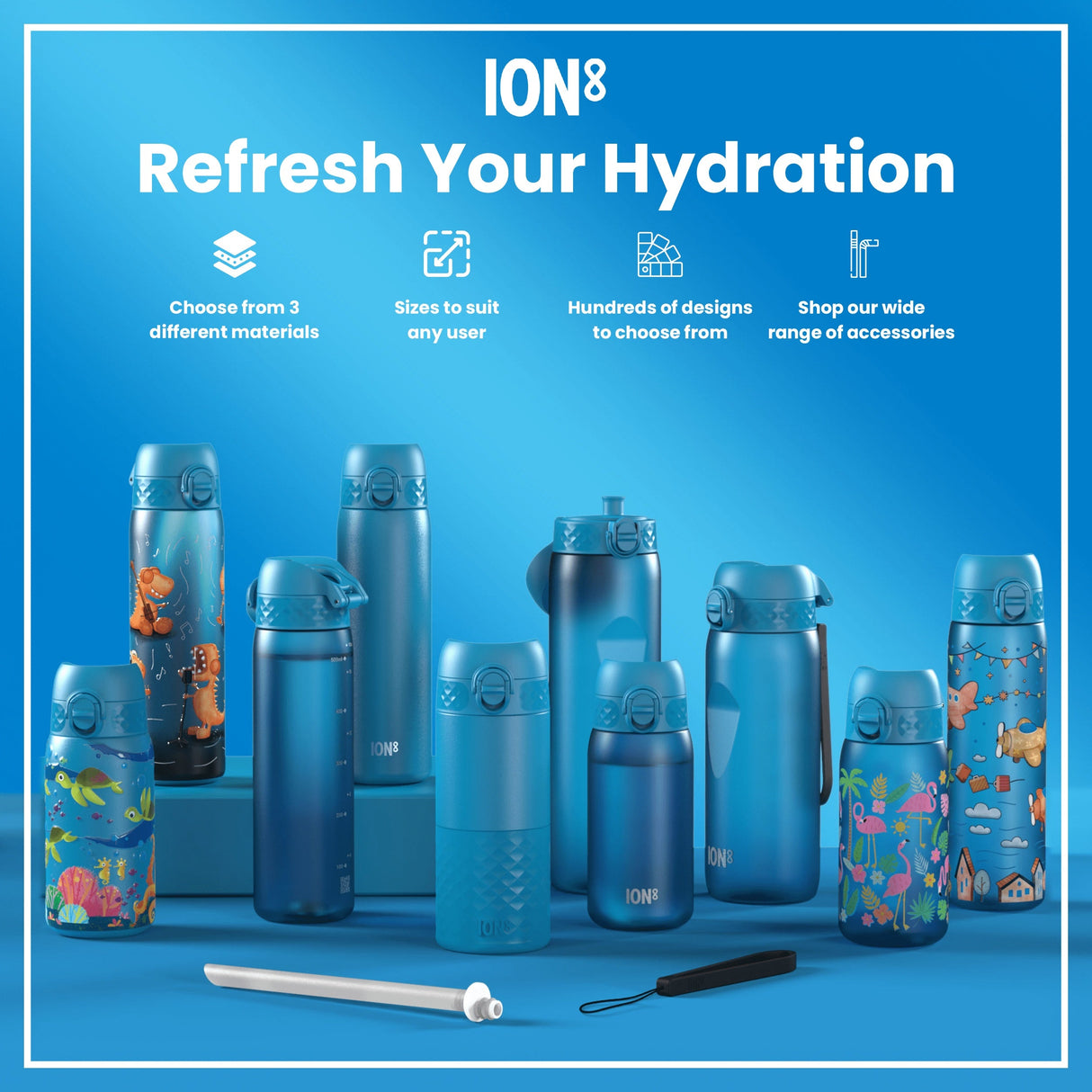 ION8 Leak Proof Slim Water Bottle, Stainless Steel, Dino Band, 600ml (20oz)