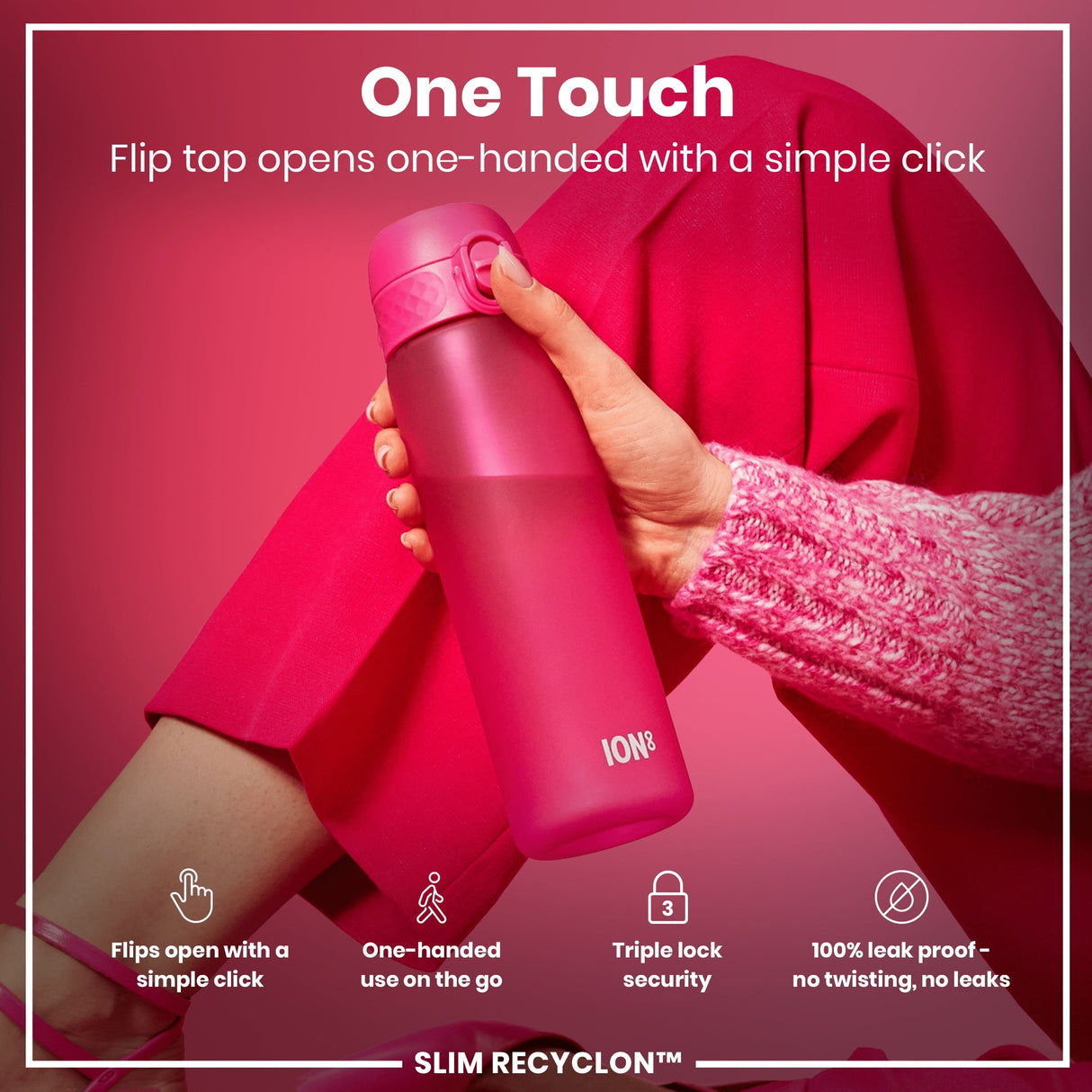 ION8 Leak Proof Slim Water Bottle, Recyclon, Pink, 500ml (18oz)