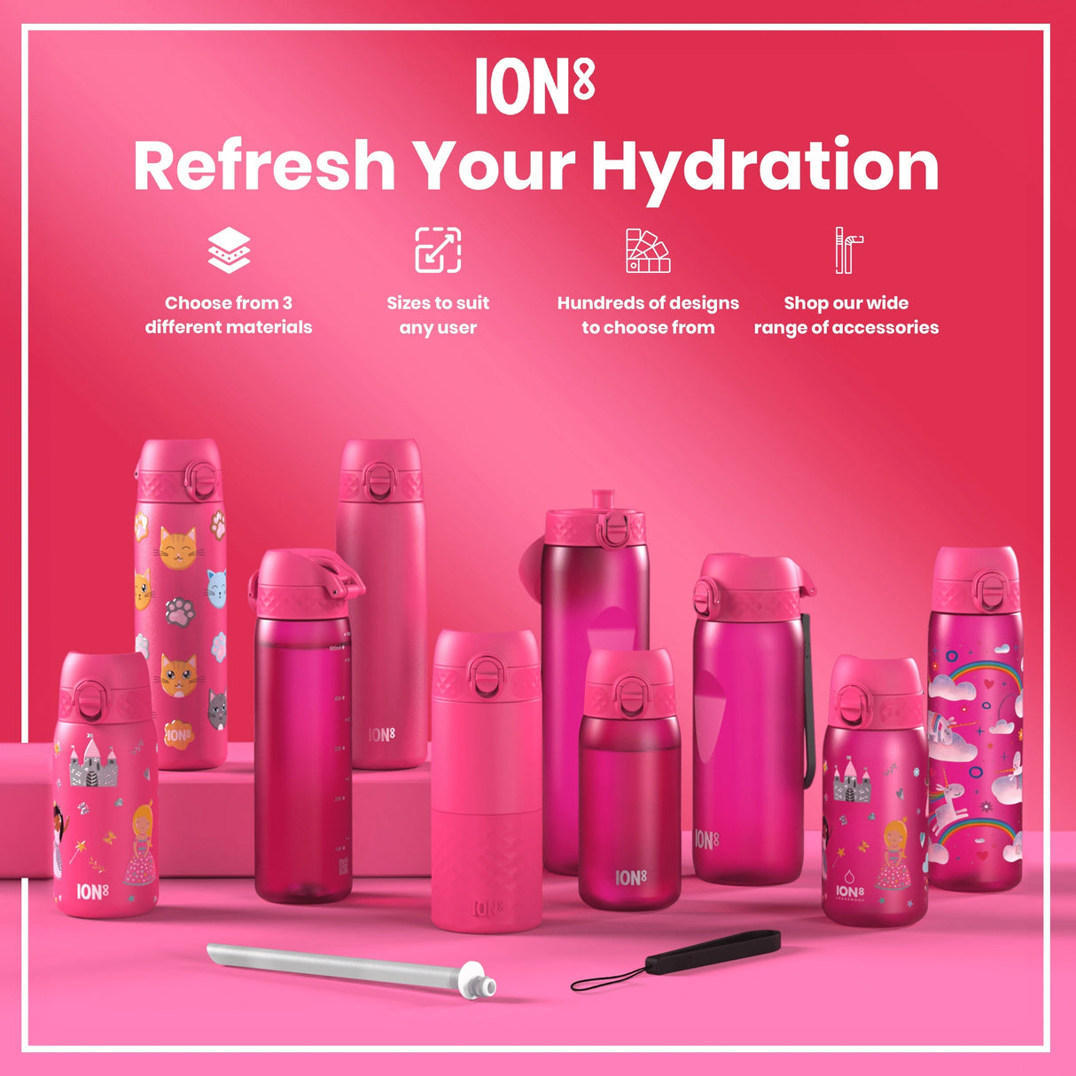 ION8 Leak Proof Slim Water Bottle, Recyclon, Pink, 500ml (18oz)