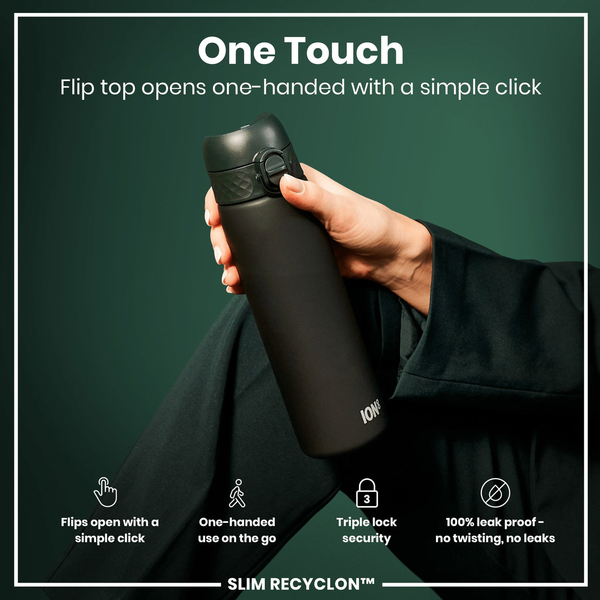 ION8 Leak Proof Slim Water Bottle, Recyclon, Dark Green, 500ml (18oz)