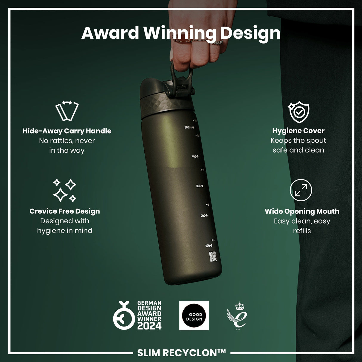 ION8 Leak Proof Slim Water Bottle, Recyclon, Dark Green, 500ml (18oz)