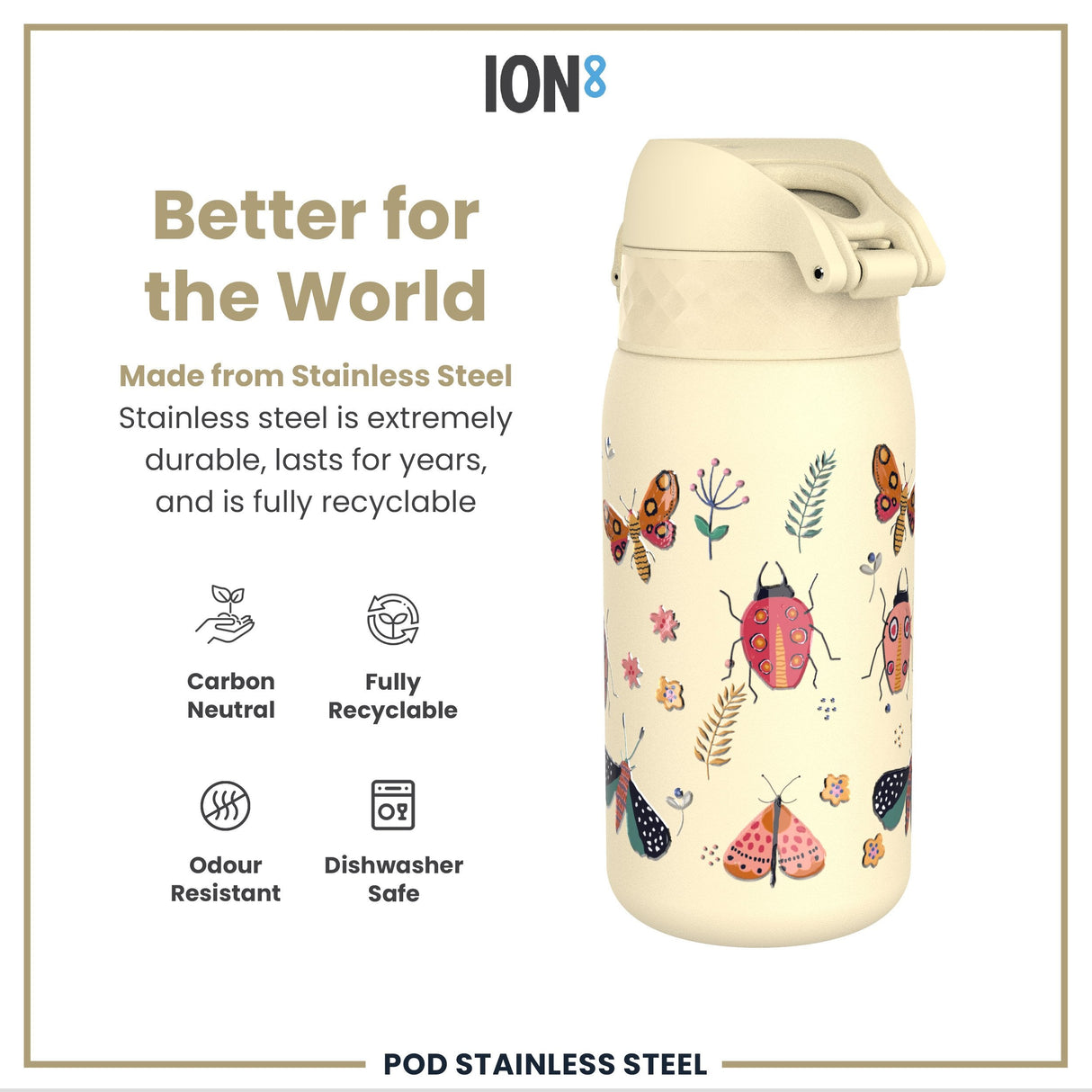 ION8 Leak Proof Kids Water Bottle, Stainless Steel, Bugs Life, 400ml (13oz)