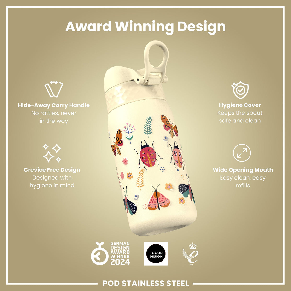ION8 Leak Proof Kids Water Bottle, Stainless Steel, Bugs Life, 400ml (13oz)