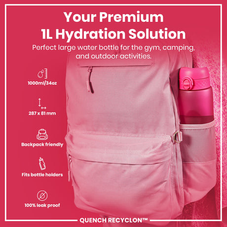 ION8 Leak Proof 1 litre Water Bottle, Recyclon, Pink, 1L