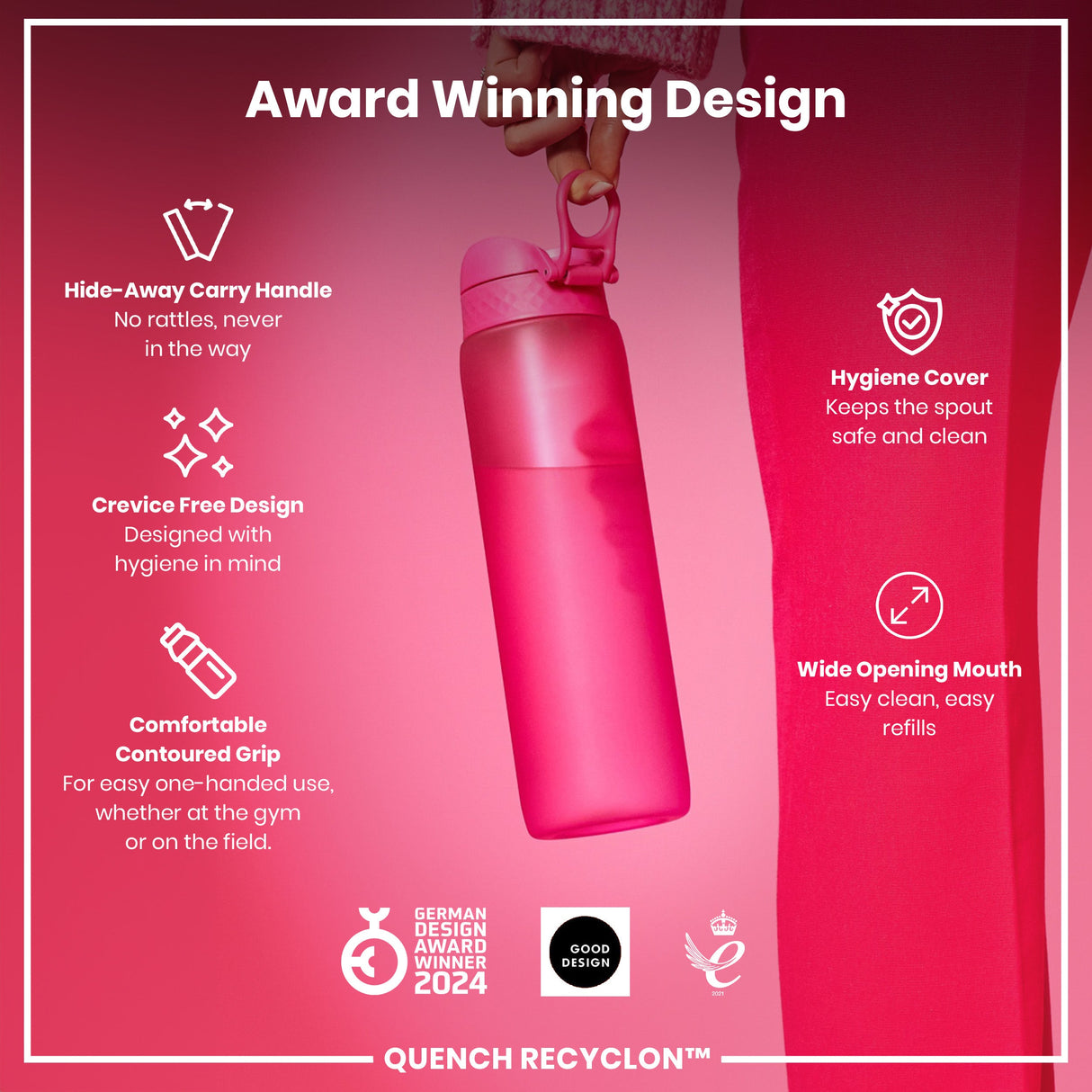 ION8 Leak Proof 1 litre Water Bottle, Recyclon, Pink, 1L